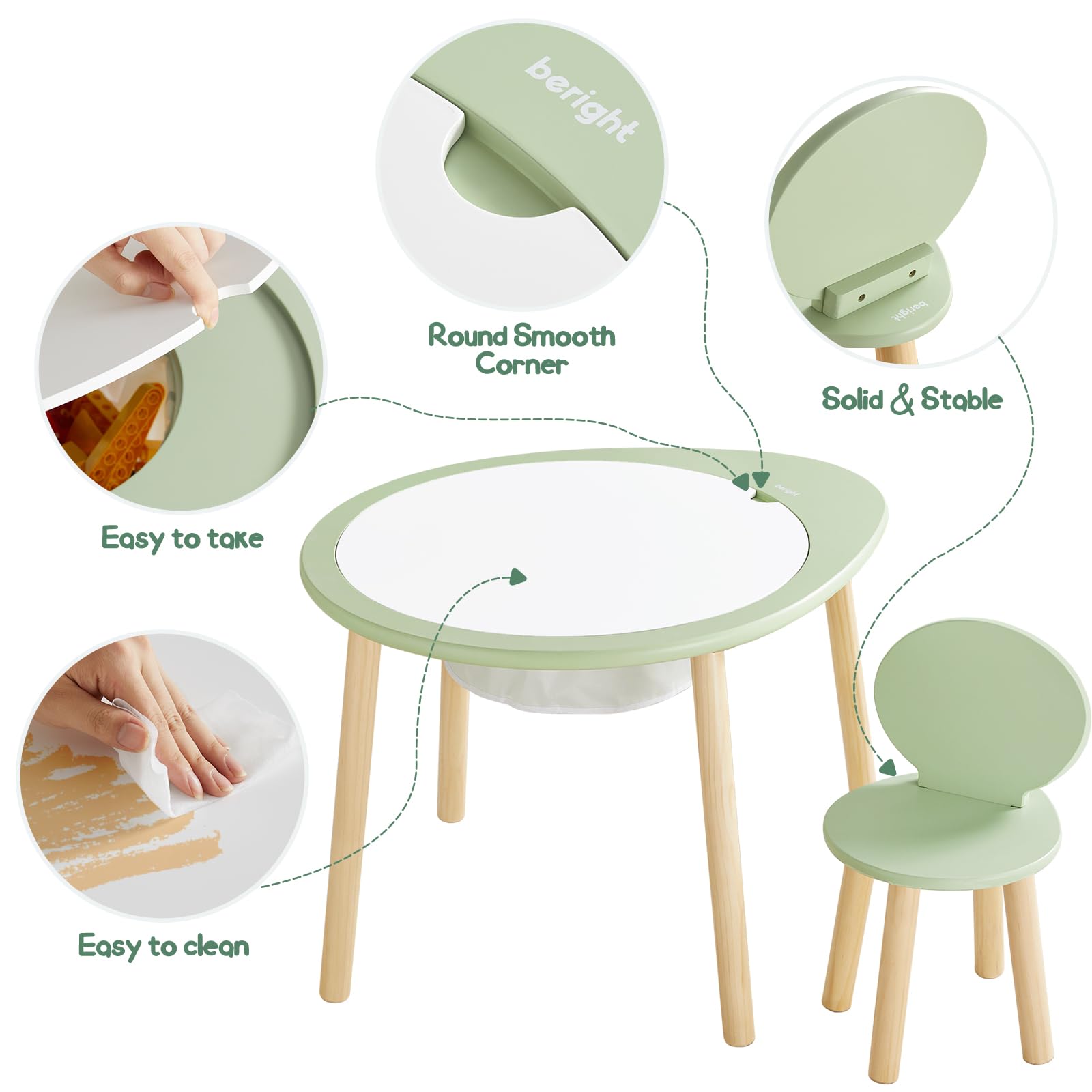 Beright Kids Wooden Table and Chairs Set - Round Play Table with 2 Chairs for Toddlers, Removable Top Panel & Storage Bag - Perfect for Bedroom, Playroom & Kids Room - Green | Ideal for Arts & Crafts, Snack Time & Learning Activities