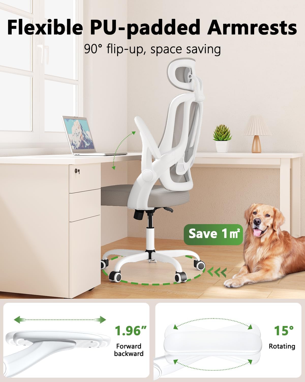 Ergonomic High Back Office Chair with 3D Adjustable Armrests & Lumbar Support - Breathable Mesh Computer Desk Chair with Adjustable Headrest - Perfect for Home Office, Gaming, Studying & Remote Work