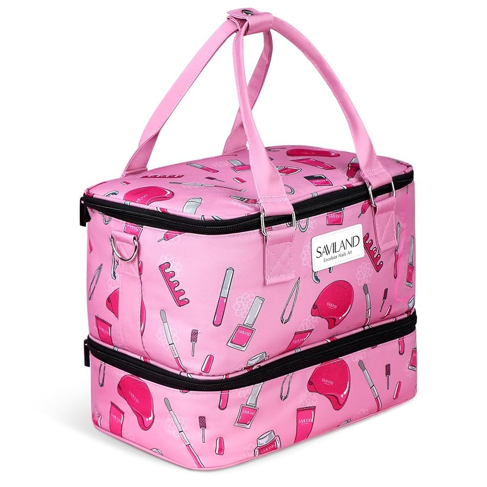SAVILAND Professional Nail Polish Organizer Bag - Double Layer Portable Storage Case Holds 40 Bottles & Nail Lamp | Perfect for Nail Technicians, Salon Professionals & Travel | Durable Nail Supplies Organizer for Home & Mobile Nail Services