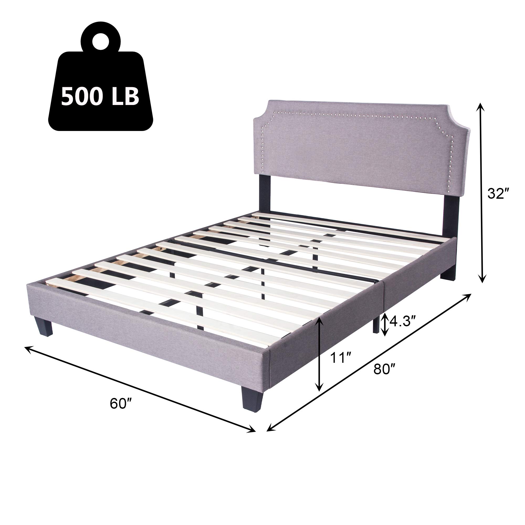 LUCKYERMORE 11 Inch Queen Platform Bed Frame with Upholstered Headboard - Wood Slat Support & Heavy Duty Metal Frame - No Box Spring Needed - Perfect for Modern Bedrooms & Small Spaces