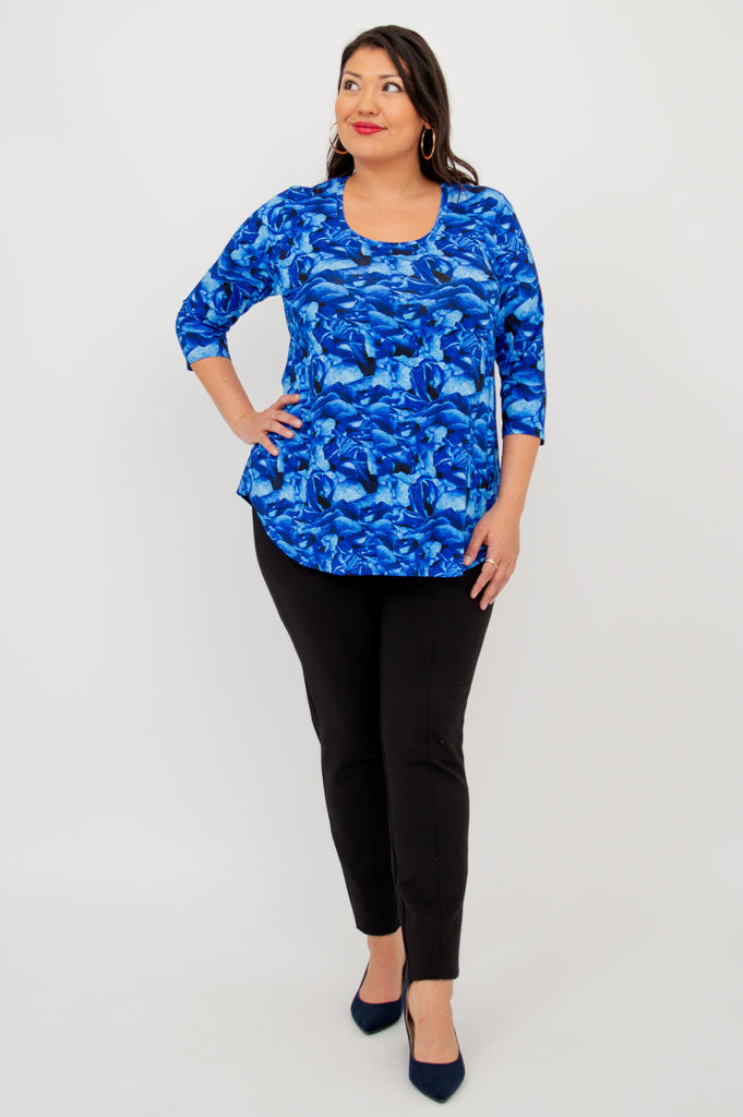 Jazz 3/4 Sleeve Women's Tops - Soft Blue Rose Print Bamboo Fabric Blouse for Casual Wear & Summer Outfits