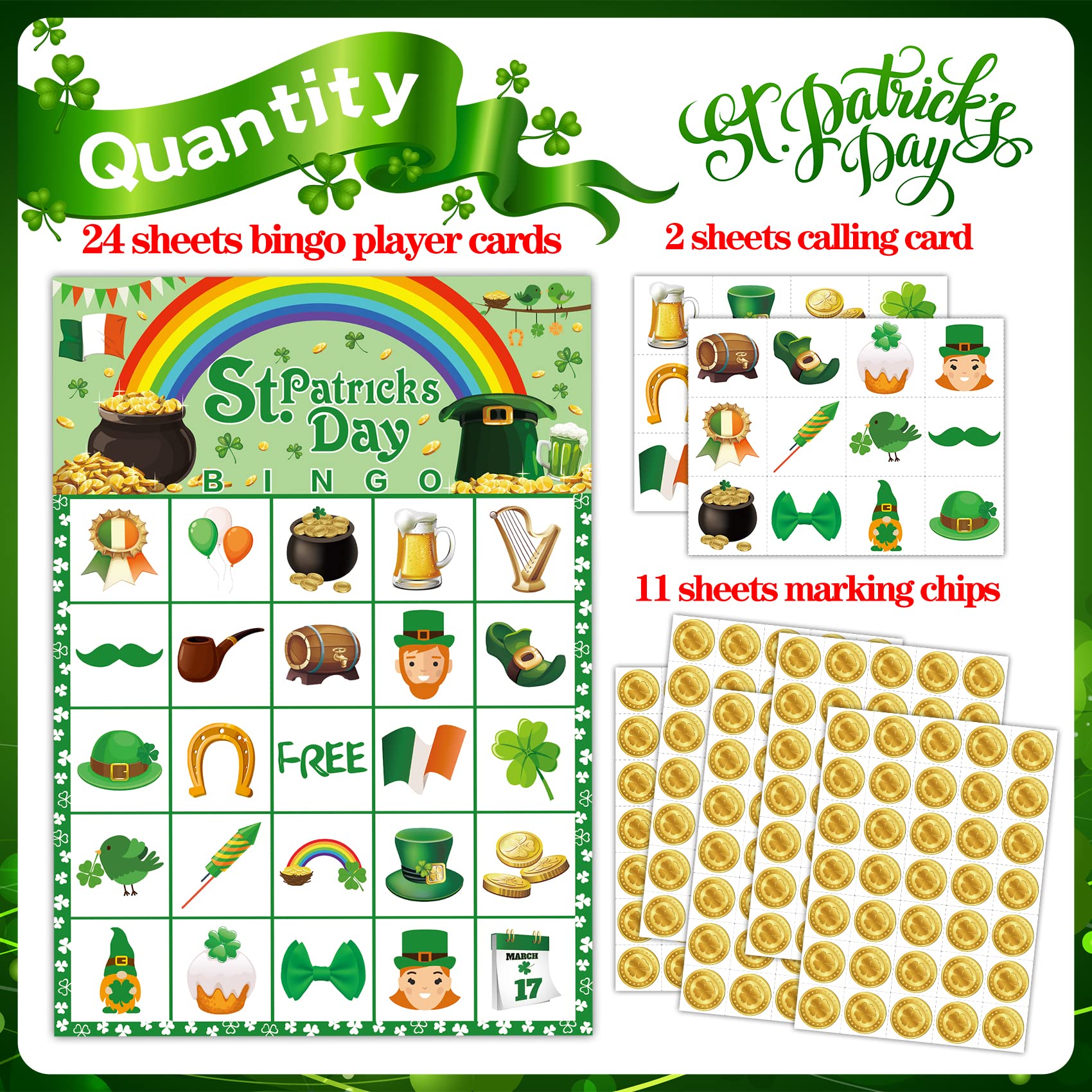 St. Patrick's Day Bingo Game Set for 24 Players - Fun Classroom & Family Activity for Kids & Adults - Perfect for School Parties, Holiday Celebrations & Group Games
