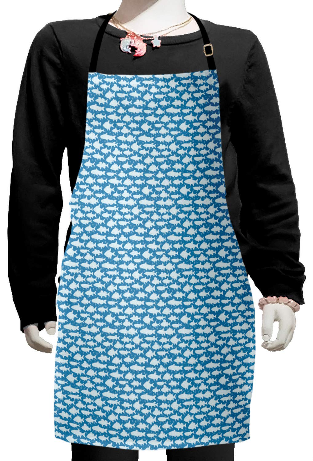 Ambesonne Nautical Apron - Monochrome Fish & Bubble Seascape Design - Adjustable Ties for Cooking, Baking & Painting - Perfect for Kitchen, Art Class & Outdoor BBQ - Small Size Blue Apron