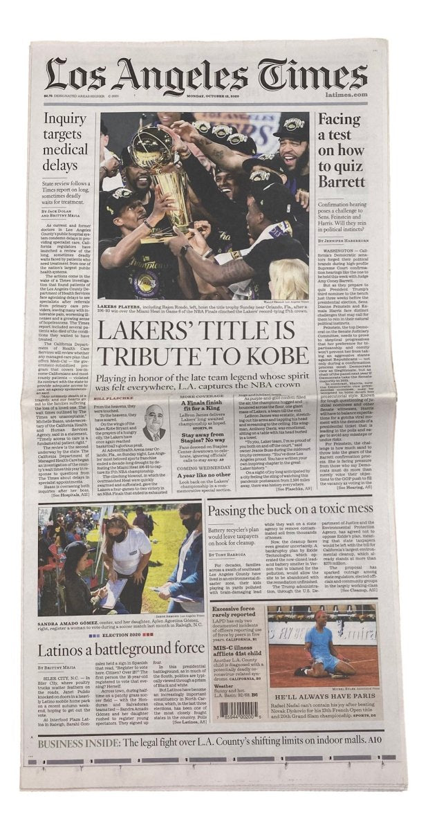 Los Angeles Lakers NBA Champions 2020 - Commemorative Newspaper from Los Angeles Times October 12 - Perfect for Sports Memorabilia Collectors and Lakers Fans Display