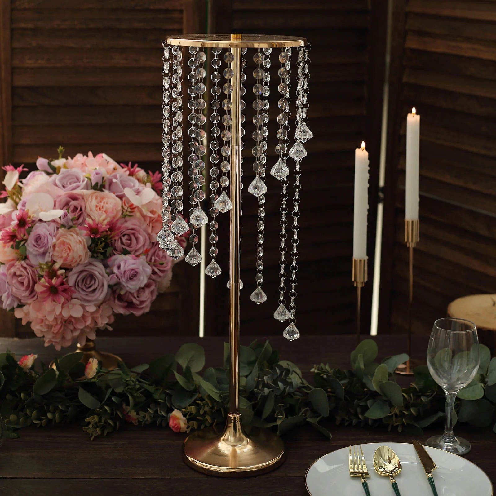 2 Pack Metal Flower Display Stands with Spiral Hanging Crystal Beads - Gold & Clear Wedding Centerpiece Decor for Table, Party, Home Decor