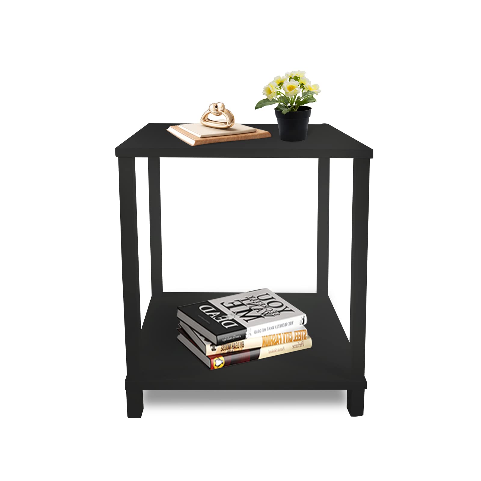 ECOMEX 2-Tier Black End Tables with Storage Shelf - Nightstand, Side Table for Living Room & Bedroom, Small Coffee Table for Coffee Bar - Perfect for Small Spaces, Apartment Decor & Guest Rooms