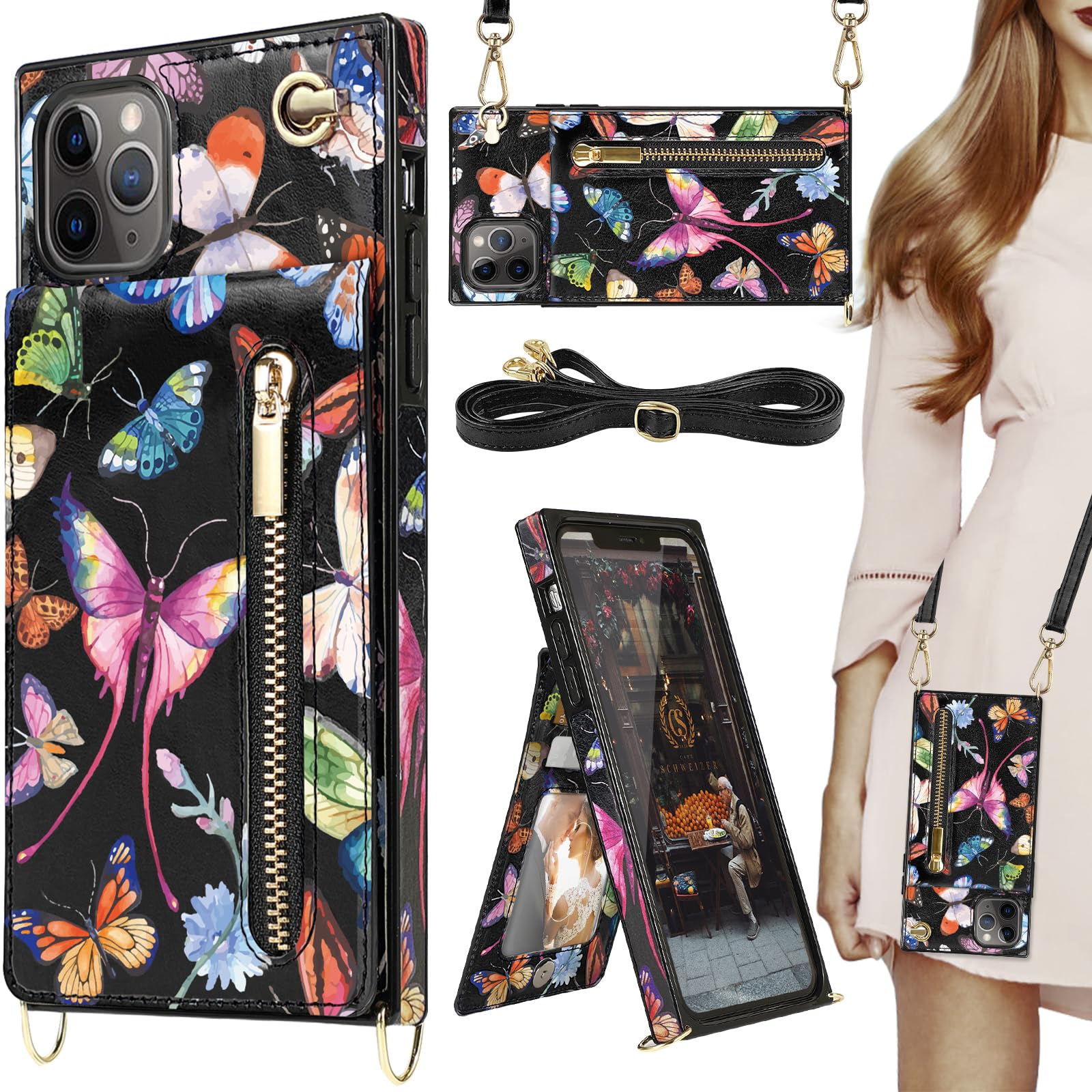 HOGGU Floral Leather Crossbody Wallet Phone Case for iPhone 11 Pro Max with Card Holder, Strap, Kickstand & Zipper Purse - Protective Women's Case Butterfly Design | Perfect for Everyday Use, Travel & Shopping