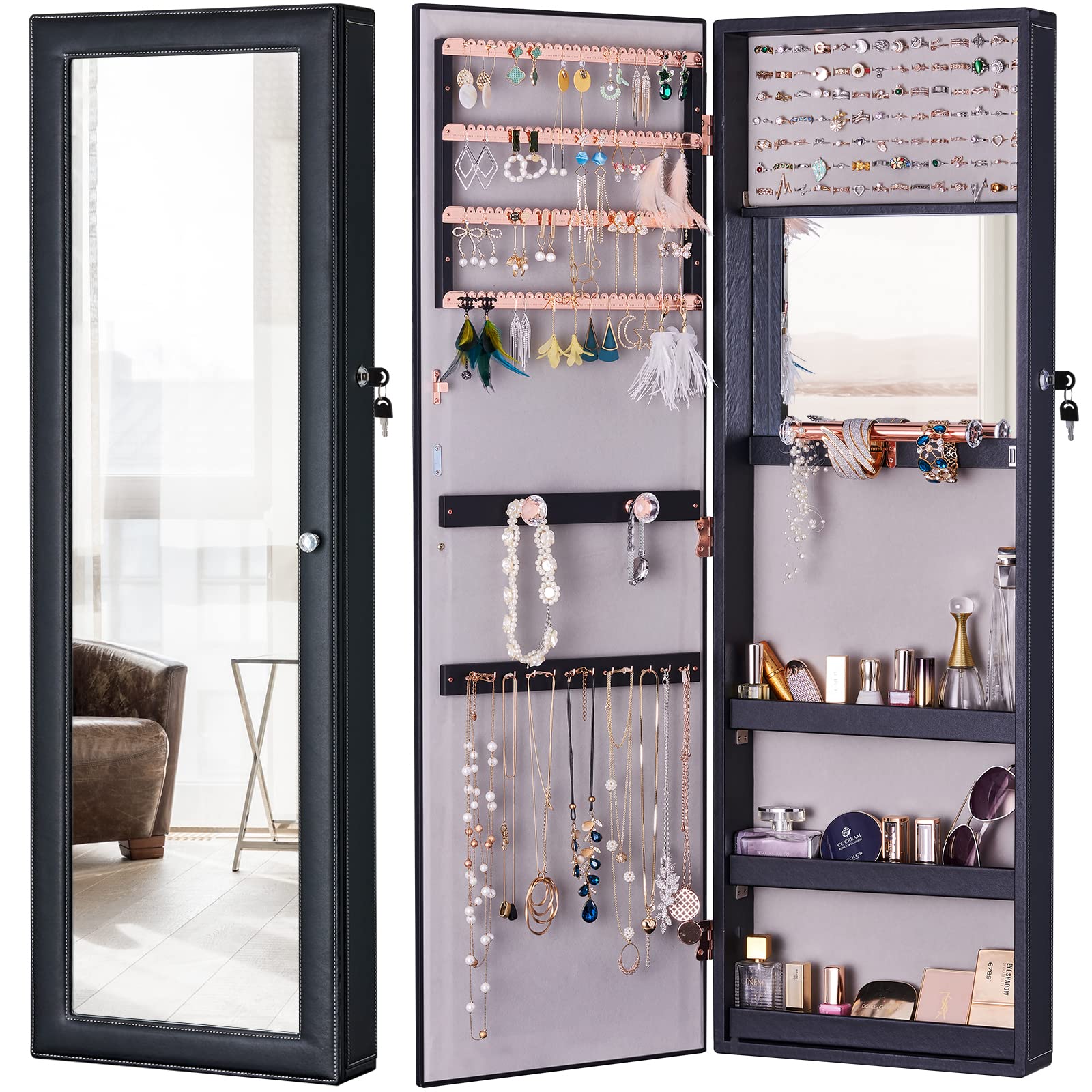 LUXFURNI Jewelry Armoire Organizer - Wall/Door Mounted Cabinet with Full Length Mirror for Bedroom & Closet (Black) - Perfect Jewelry Storage Solution for Necklaces, Rings & Earrings