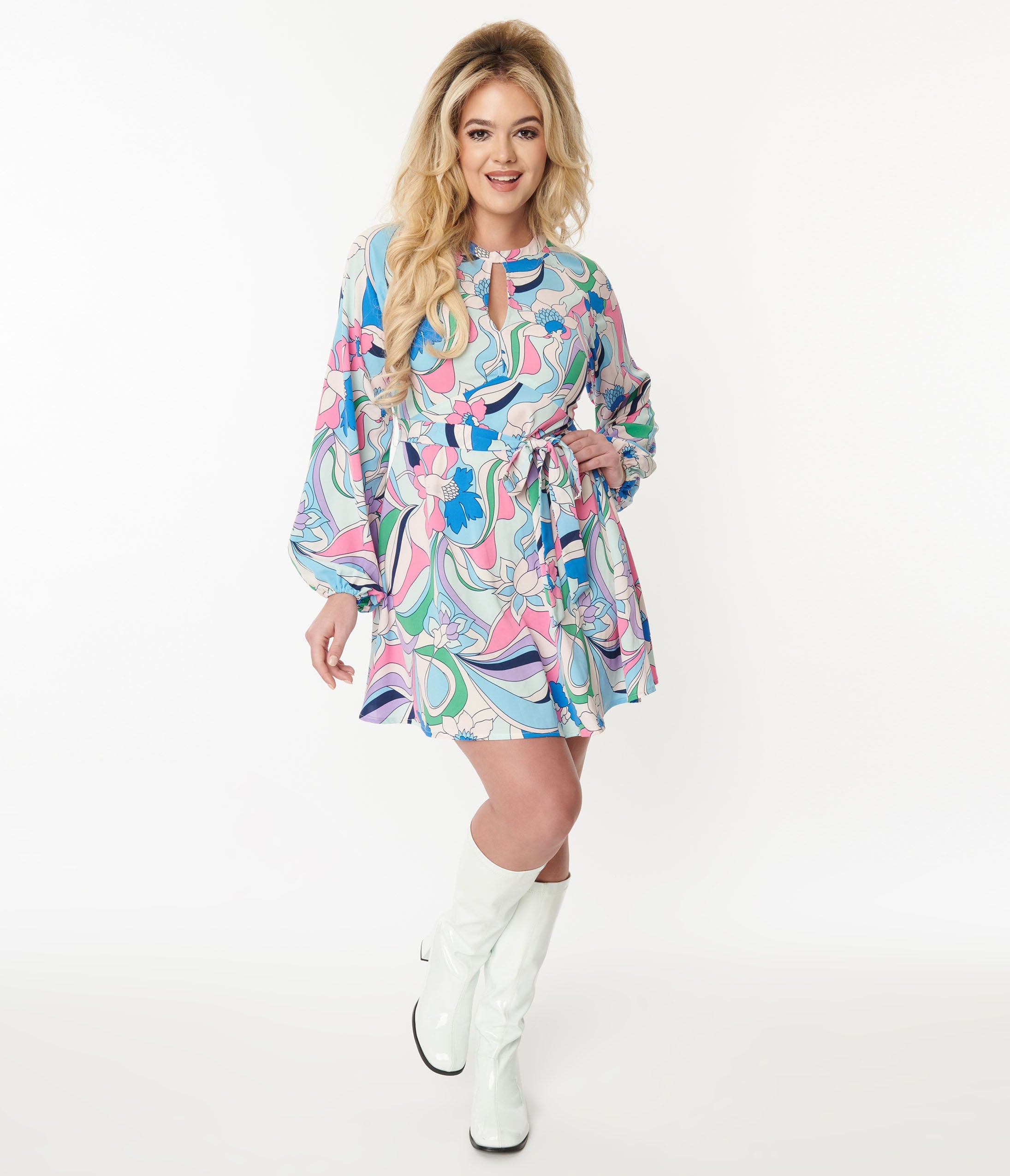 Smak Parlour 1970s Vintage Blue & Pink Floral Fit & Flare Dress - Retro Party, Wedding Guest & Special Occasion Outfit