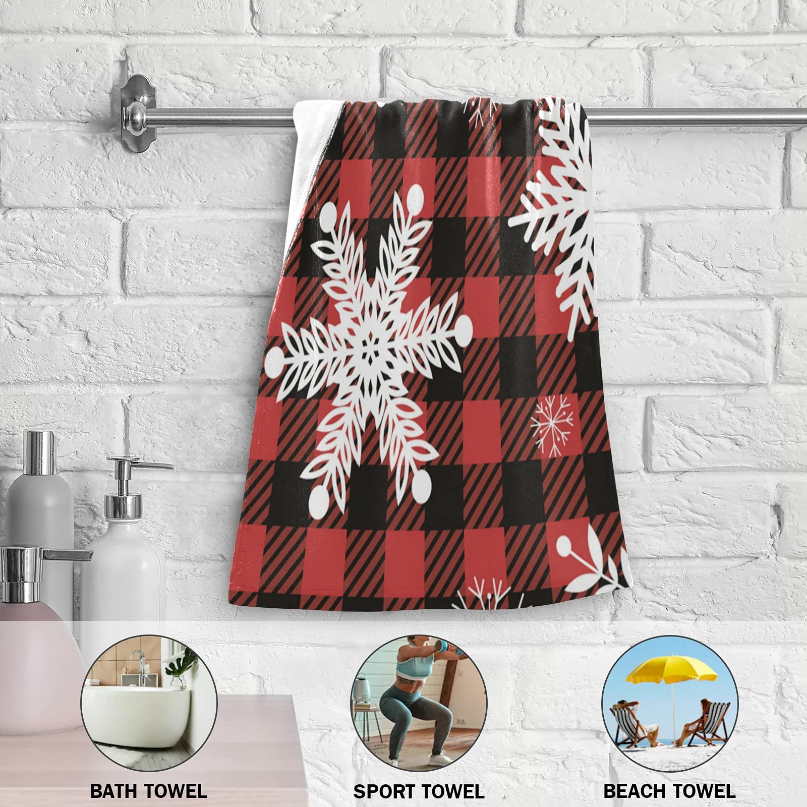Christmas Snowflakes Red Black Buffalo Plaid Hand Towels Set of 2 - Absorbent Bath & Kitchen Towels 28x14 Inches - Soft Face & Dish Towels for Gym, Bathroom Decor - Perfect for Holiday Gifts & Home Use