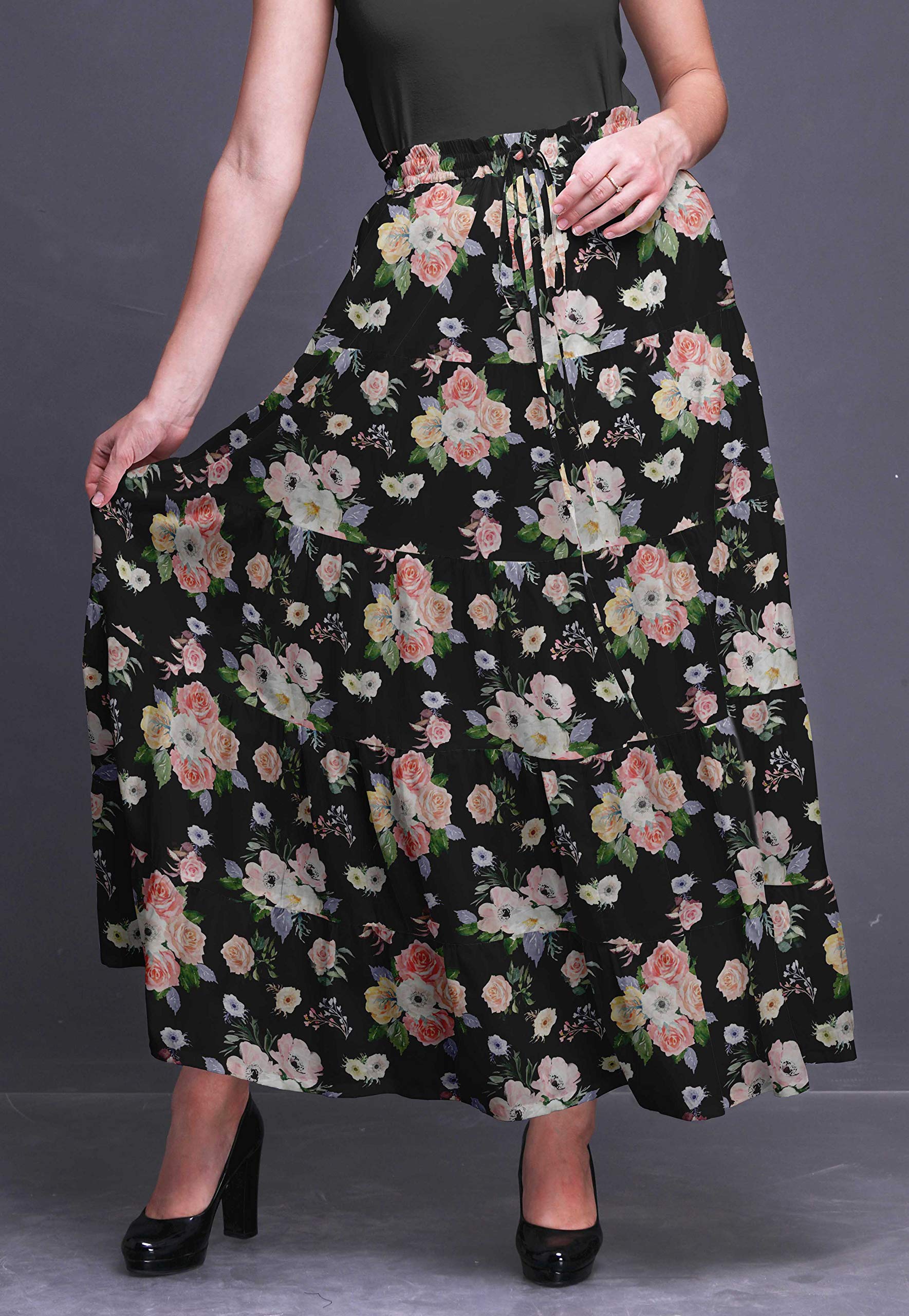 Boho Printed Maxi Skirts for Women - 5 Tier Long Cotton Skirt with Floral Design - Perfect for Summer Festivals, Beach Vacations & Casual Outings