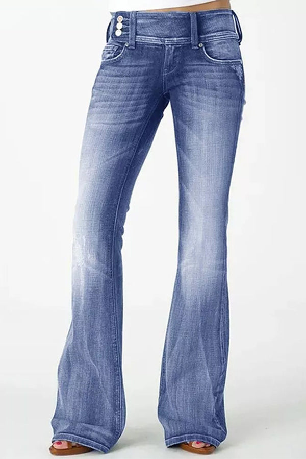 Vintage High Waist Flared Jeans with Side Button Pockets - Retro 70s Style Denim Pants for Women, Perfect for Casual Outings & Boho Fashion Looks