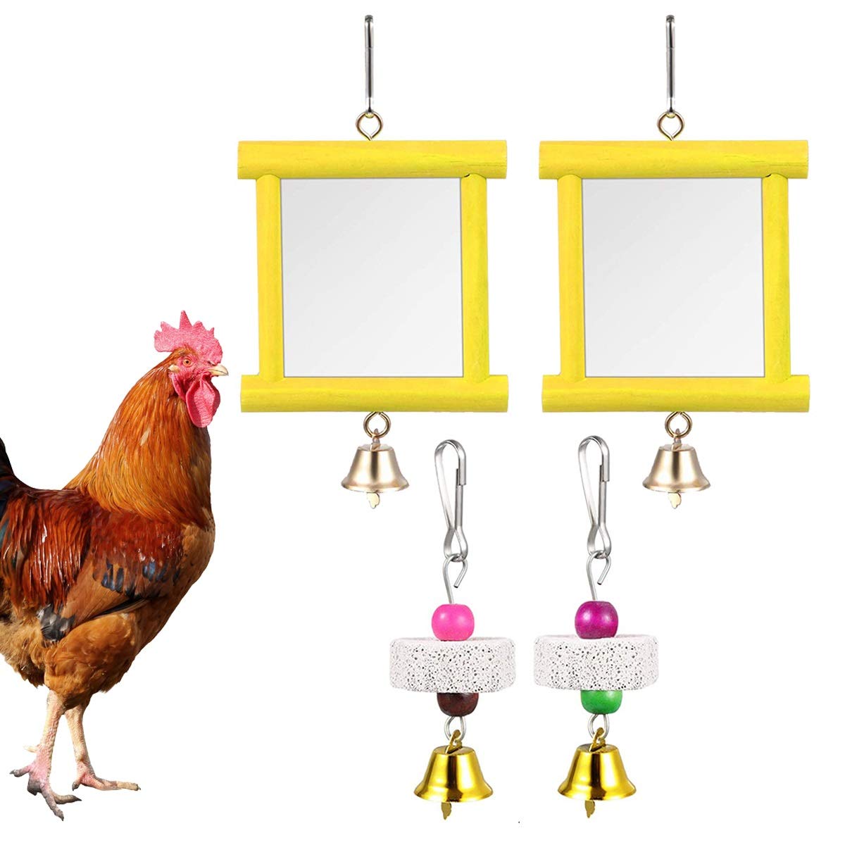 Vehomy 2Pcs Hanging Chicken Mirror Toys with Bells & Beak Grinding Stones - Enrichment Toys for Hens, Roosters, Parrots & Pet Birds - Perfect for Coop Entertainment & Bird Mental Stimulation