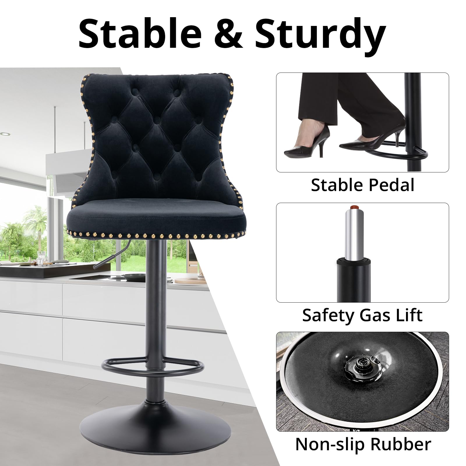 i-POOK Swivel Bar Stools Set of 2 - Adjustable Counter Height Barstools with Nailheads Trim, Button Tufted Back & Footrest - Velvet Dining Chairs for Kitchen Island, Home Bar, Restaurant & Cafe - Black Modern Bar Stools for Indoor & Outdoor Use