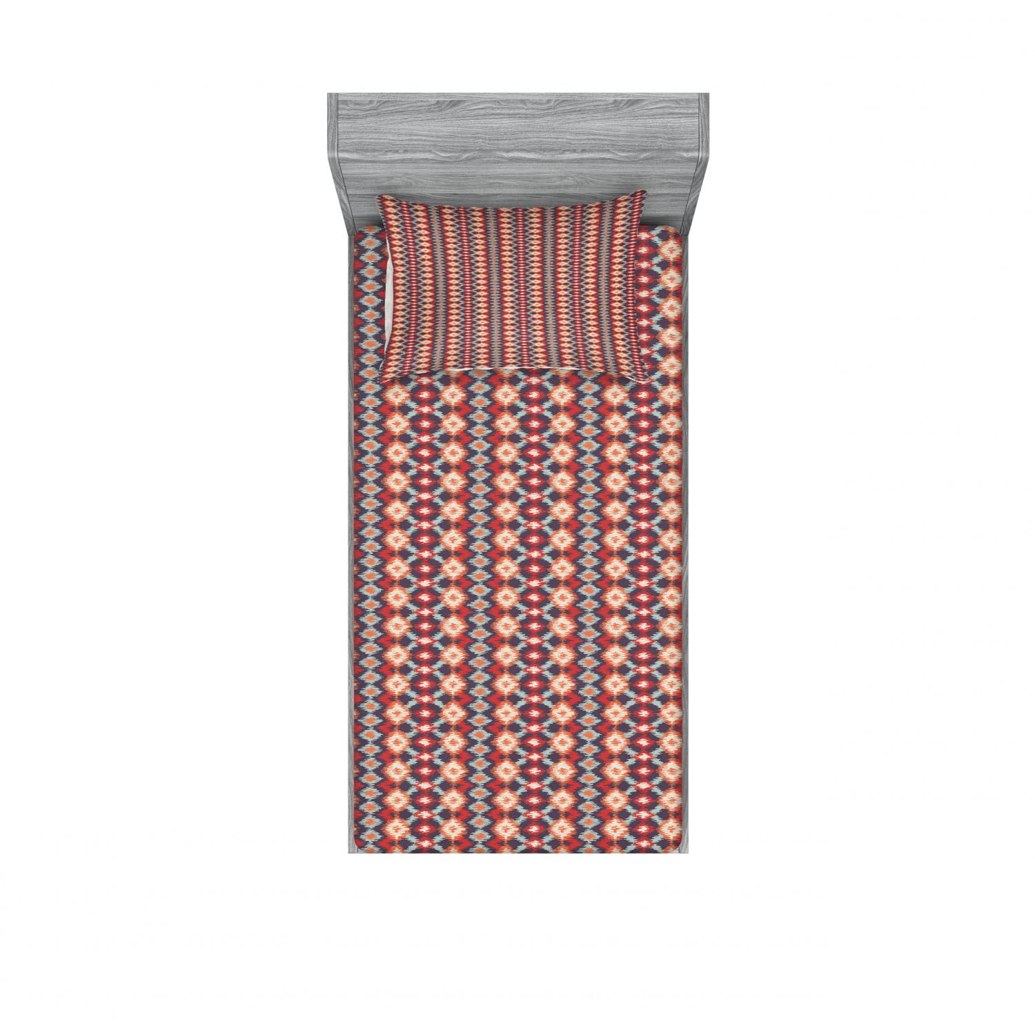 Ambesonne Ikat 2-Pack Twin Fitted Sheet & Pillow Sham Set - Indigenous Pattern 4-Piece Bedding Decor (2 Fitted Sheets + 2 Pillow Covers) in Vermilion Orange Seafoam - Perfect for Kids Rooms, Guest Beds & Dorm Decor