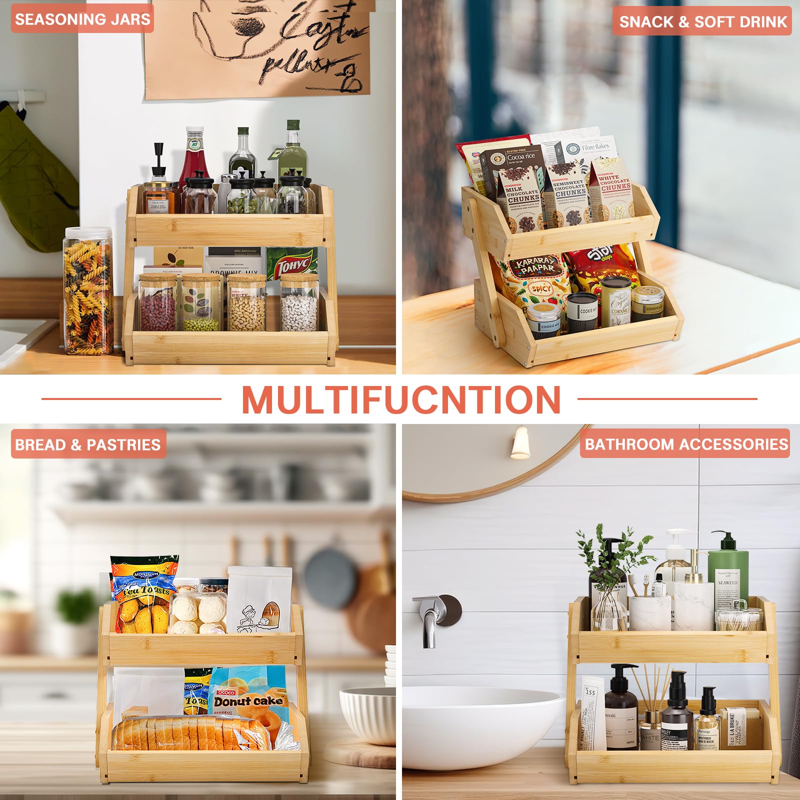 Premium 2-Tier Bamboo Fruit Basket - Large Kitchen Countertop Organizer for Fruits & Vegetables | 15mm Thick Natural Bamboo | Easy Self-Assembly | Perfect for Home Kitchen, Dining Room, or Fruit Shop Display