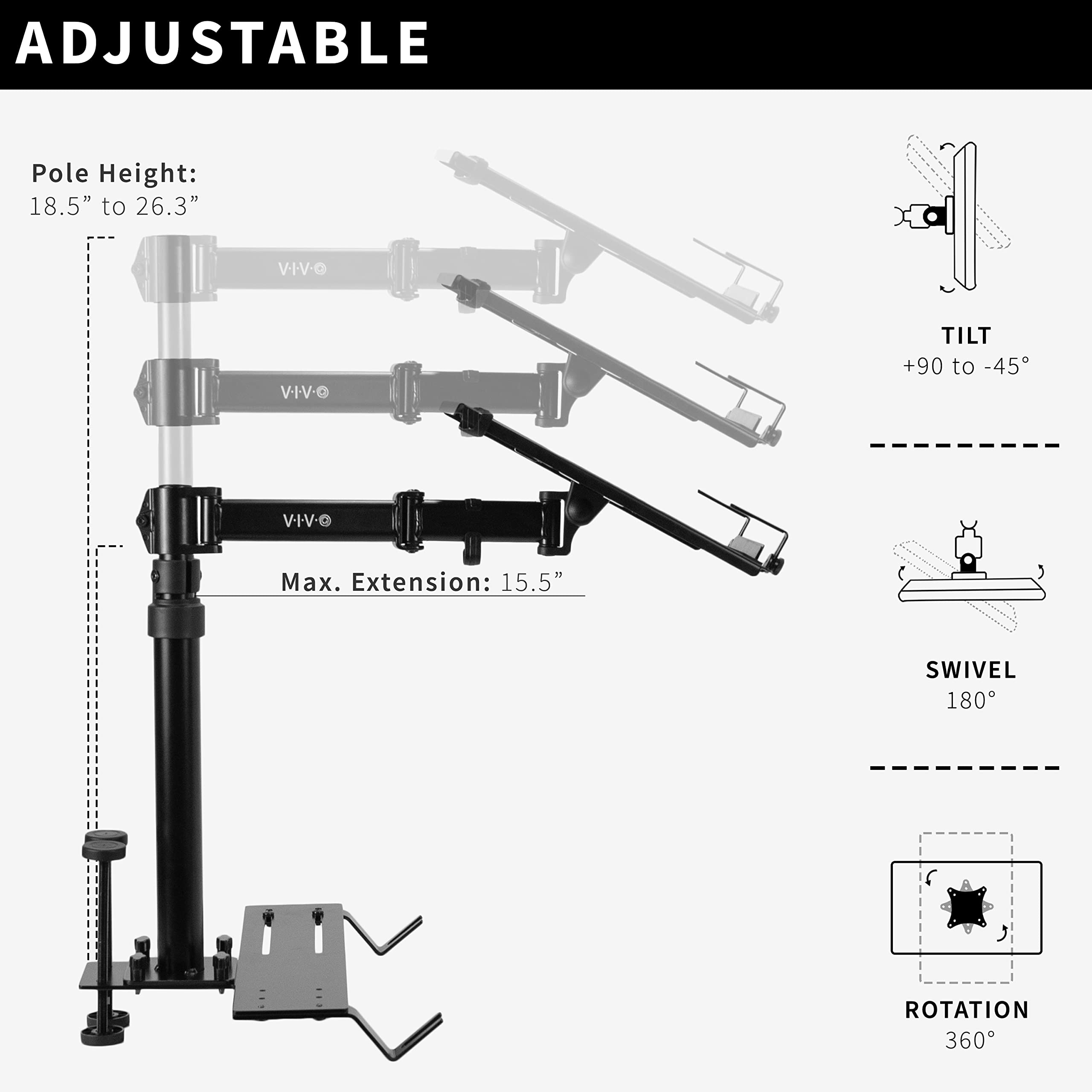 VIVO Single Laptop Car Mount Holder - Fully Adjustable Extension Notebook Stand for Trucks, Vans & SUVs with Articulation & Height Adjustment (Black, MOUNT-CAR01) - Perfect for Work on the Go, Road Trips & Mobile Office Setup