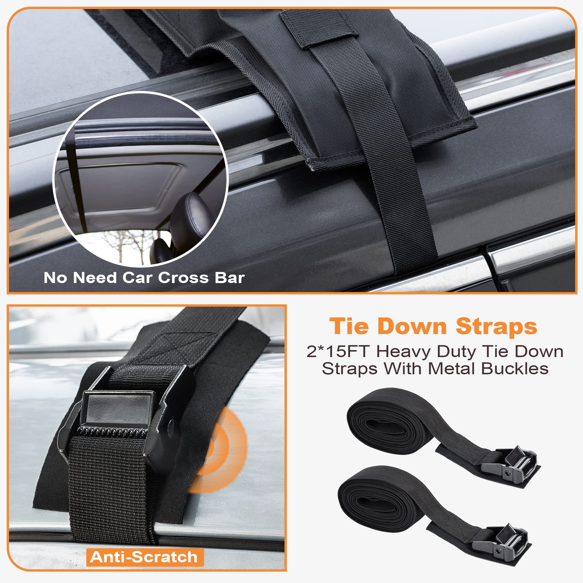 **Golkcurx Universal Soft Roof Rack Pads for Kayak, Surfboard, SUP, Canoe, Snowboard – 15FT Tie-Down Straps (2 Pack) & Storage Bag Included – Waterproof & Non-Slip – Perfect for Outdoor Adventures, Camping, and Travel (Black)**
