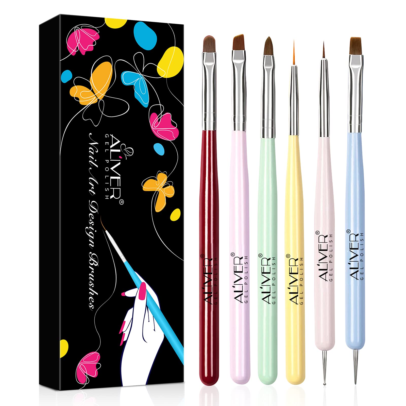 6Pcs Professional Nail Art Brush Set - Nail Liner Brush, Gel Extension Brush & Dotting Pen for Acrylic, Gel & Nail Polish Designs | Perfect for Salon, Home Manicures & DIY Nail Art