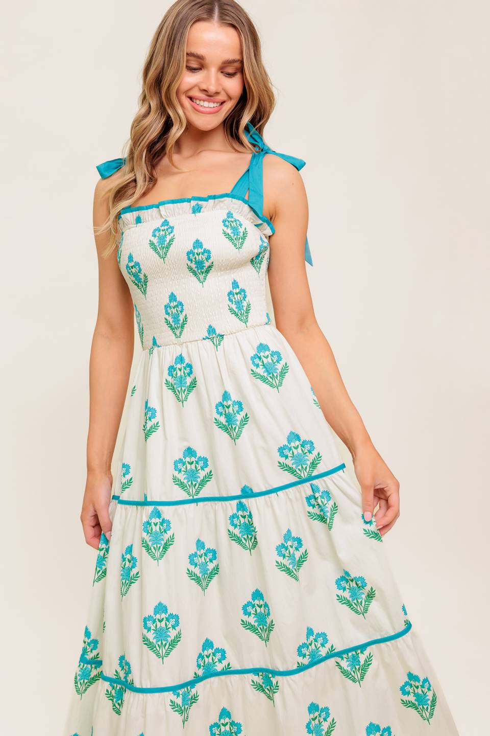 BEAUTY IN BLOOM Blue Tie Strap Midi Dress - Flowy Summer Dress for Beach, Wedding & Date Night
