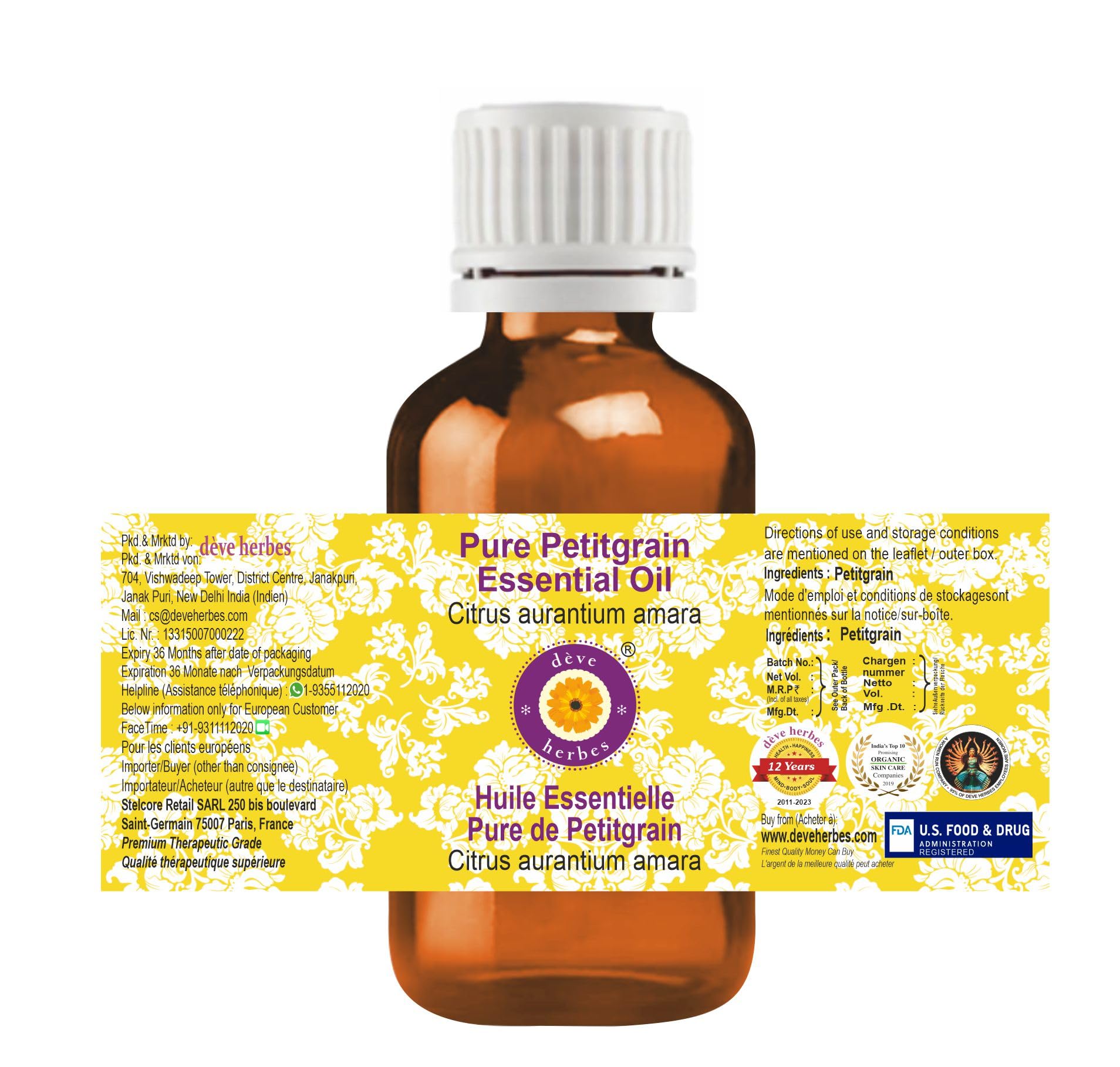 Pure Petitgrain Essential Oil (Citrus aurantium amara) - 5ml Steam Distilled for Aromatherapy, Diffusers & Natural Skincare - Deve Herbes Premium Therapeutic Grade Oil