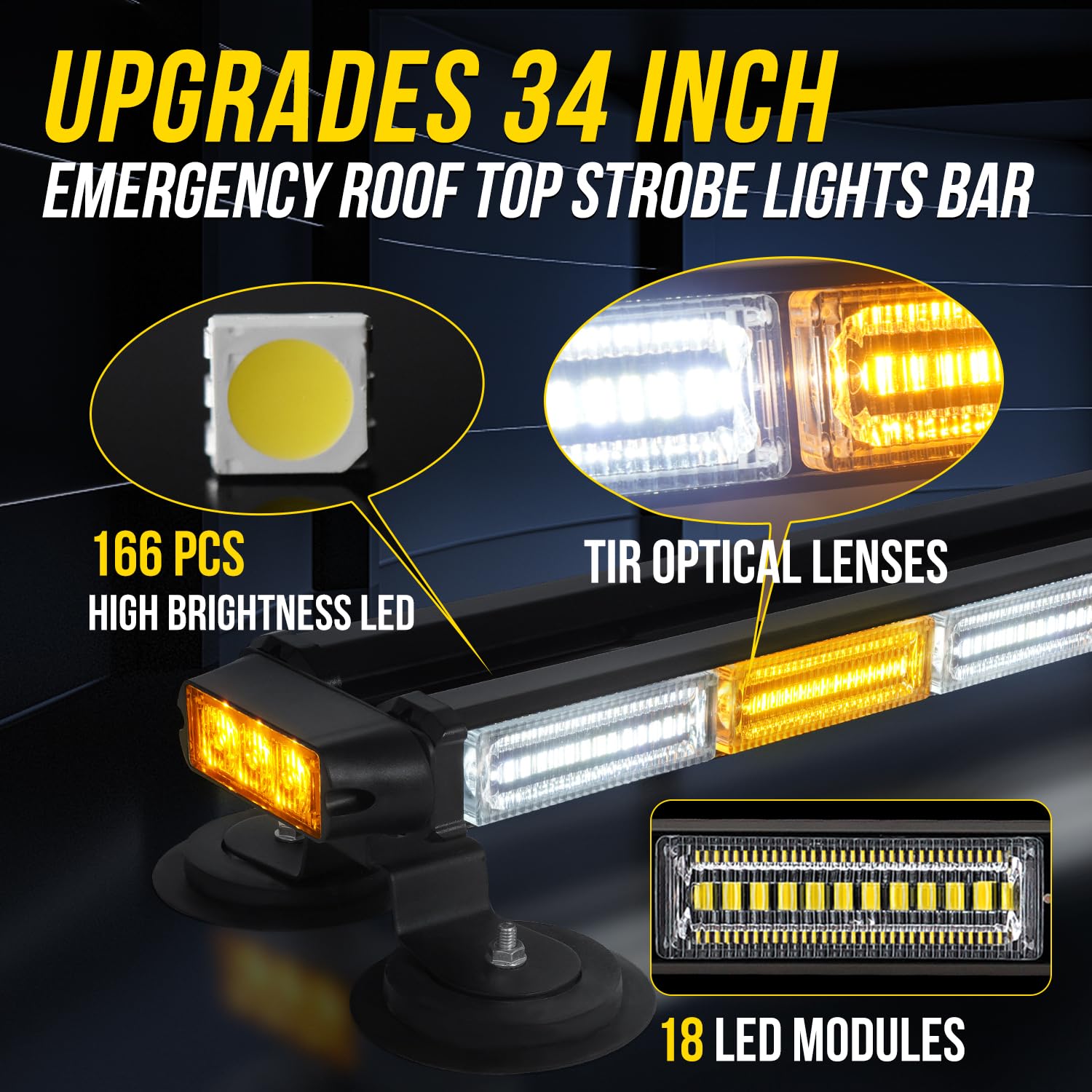 34 Inch 166 LED Emergency Strobe Light Bar - Amber/White Flashing Warning Light with Magnetic Base for Trucks, Snow Plows & Work Vehicles | Construction, Tow, Pickup Safety & Traffic Control | Durable Rooftop Hazard Light for Roadside Emergencies & Night Visibility