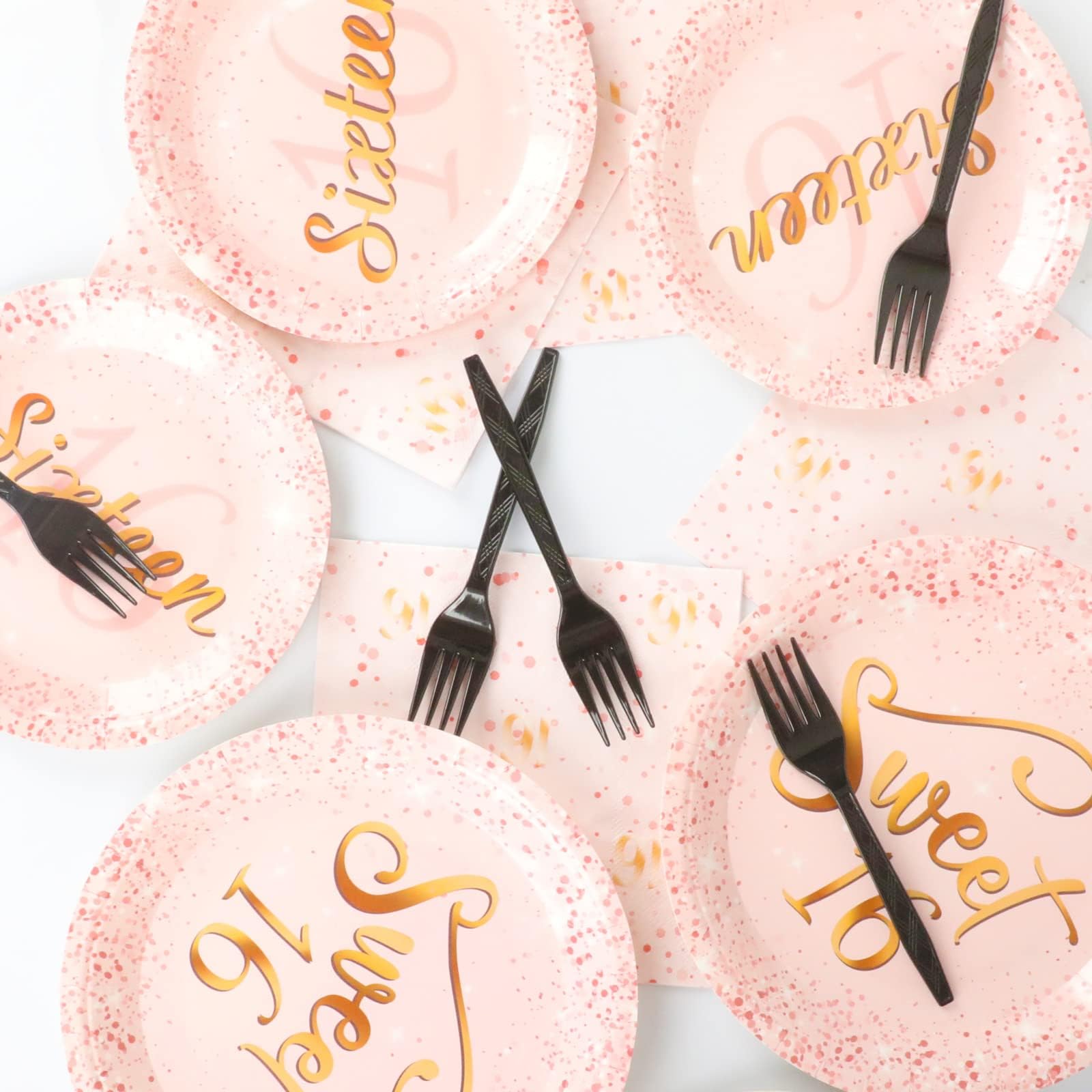 96 Pcs Rose Gold Sweet 16 Birthday Party Plates & Napkins Set - 16th Birthday Party Decorations, Tableware & Favors for Girls - Serves 24 Guests - Perfect for Sweet Sixteen Party, Quinceañera, Teen Birthday Celebrations