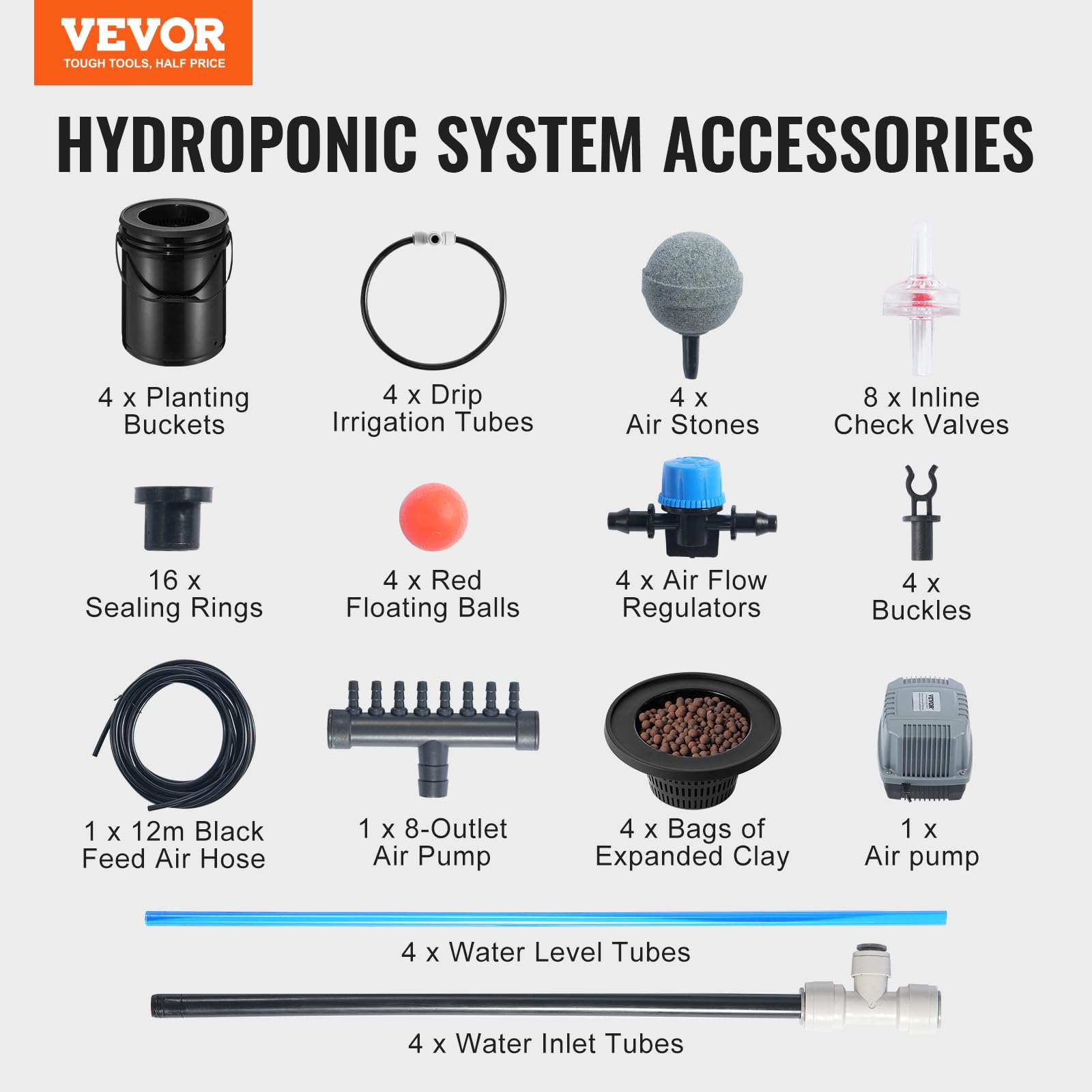 VEVOR 5-Gallon DWC Hydroponic Grow System with Top Drip Kit - 4 Bucket Deep Water Culture Kit Includes Air Pump, Air Stones & Water Level Indicator for Leafy Greens - Perfect for Indoor Herb Garden, Lettuce & Vegetable Hydroponics Farming