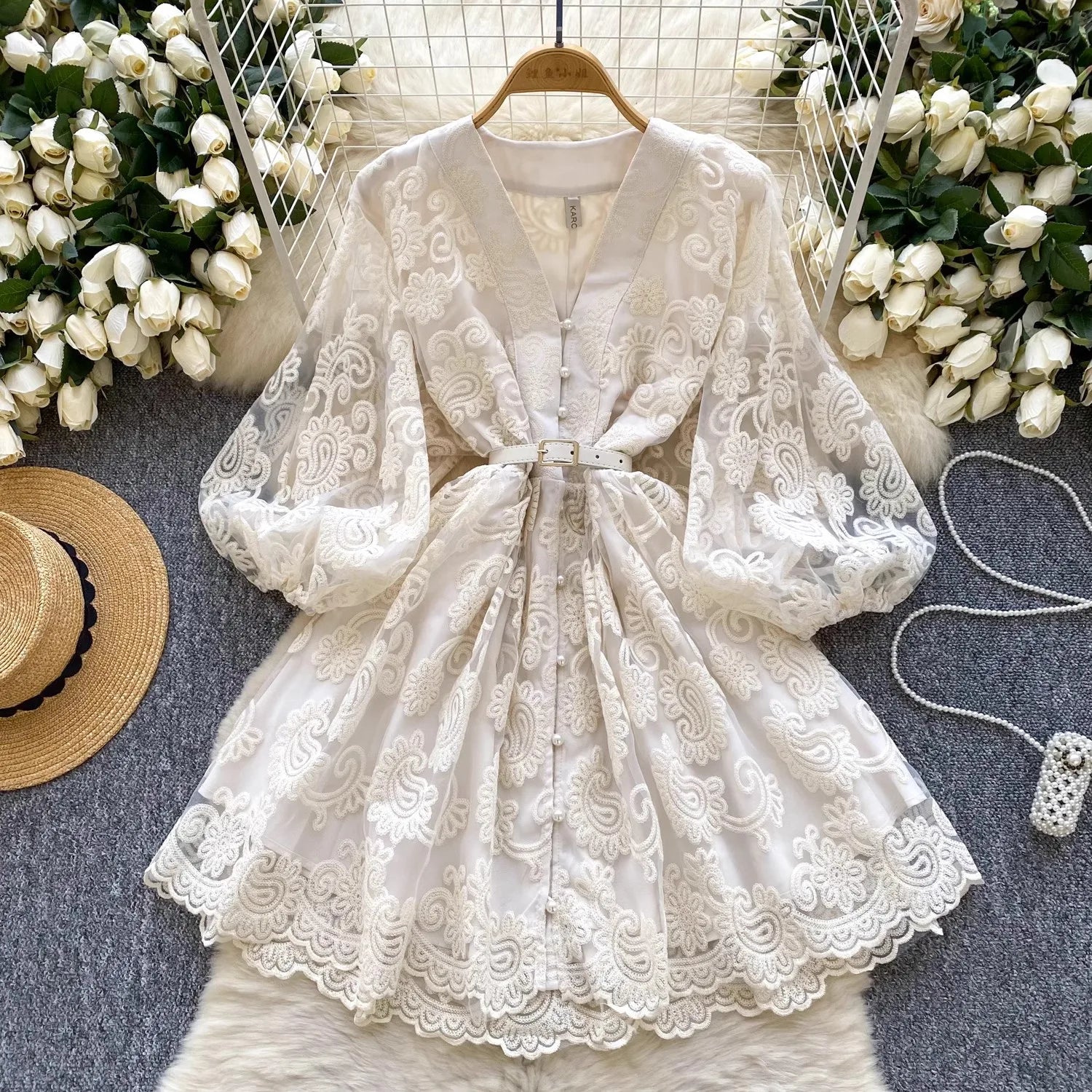 French Sweet V-Neck Lantern Sleeve Mini Dress - Women's Summer Floral Embroidery Mesh Patchwork Belt Dress for Beach, Party & Casual Wear | A-Line Flowy Party Robe