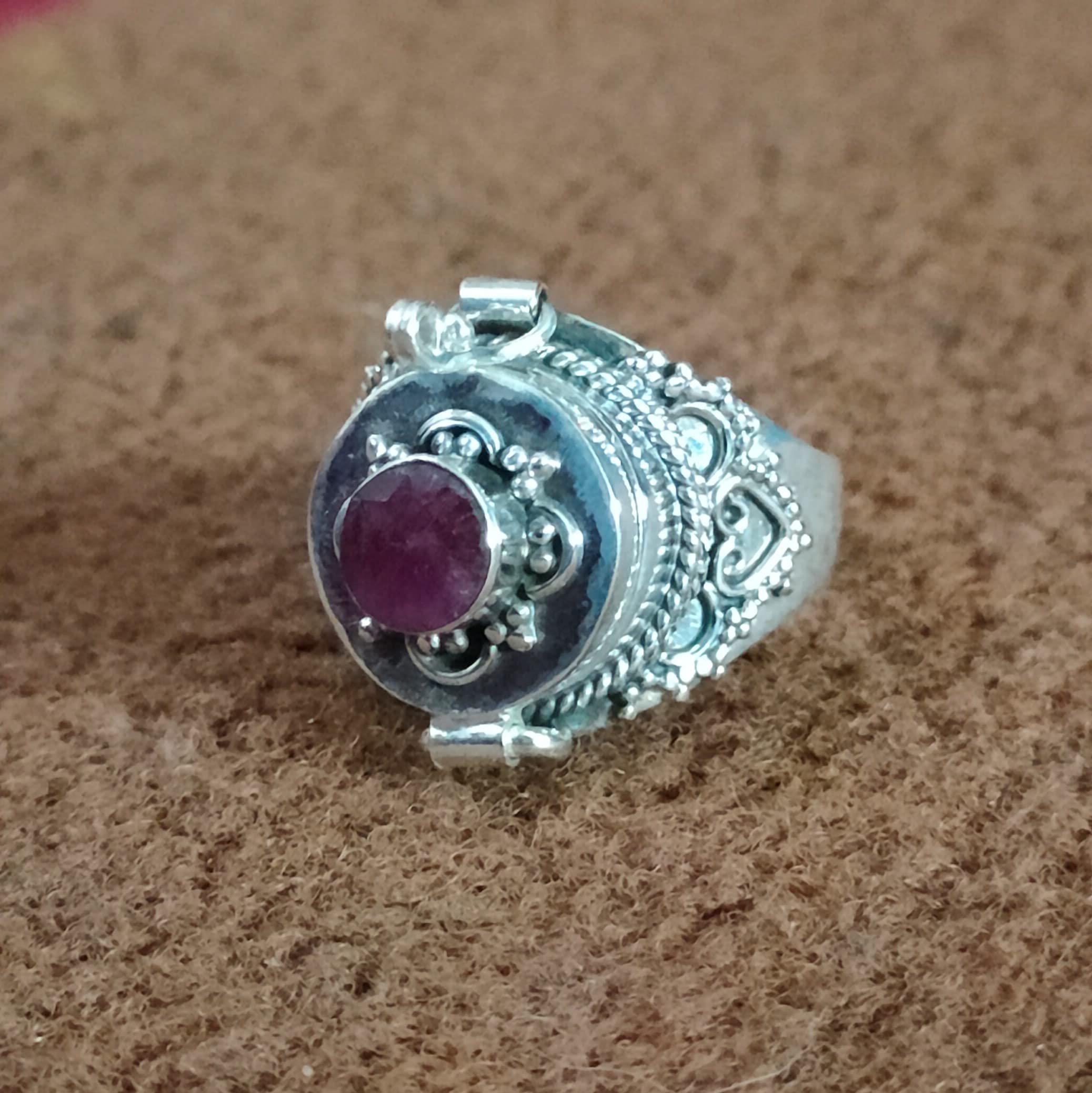 925 Sterling Silver Ruby Ring - Handmade Statement Jewelry for Women, Poison Box Locket Ring with Red Gemstone | Trendy Gift for Valentine's Day, Anniversary & Special Occasions