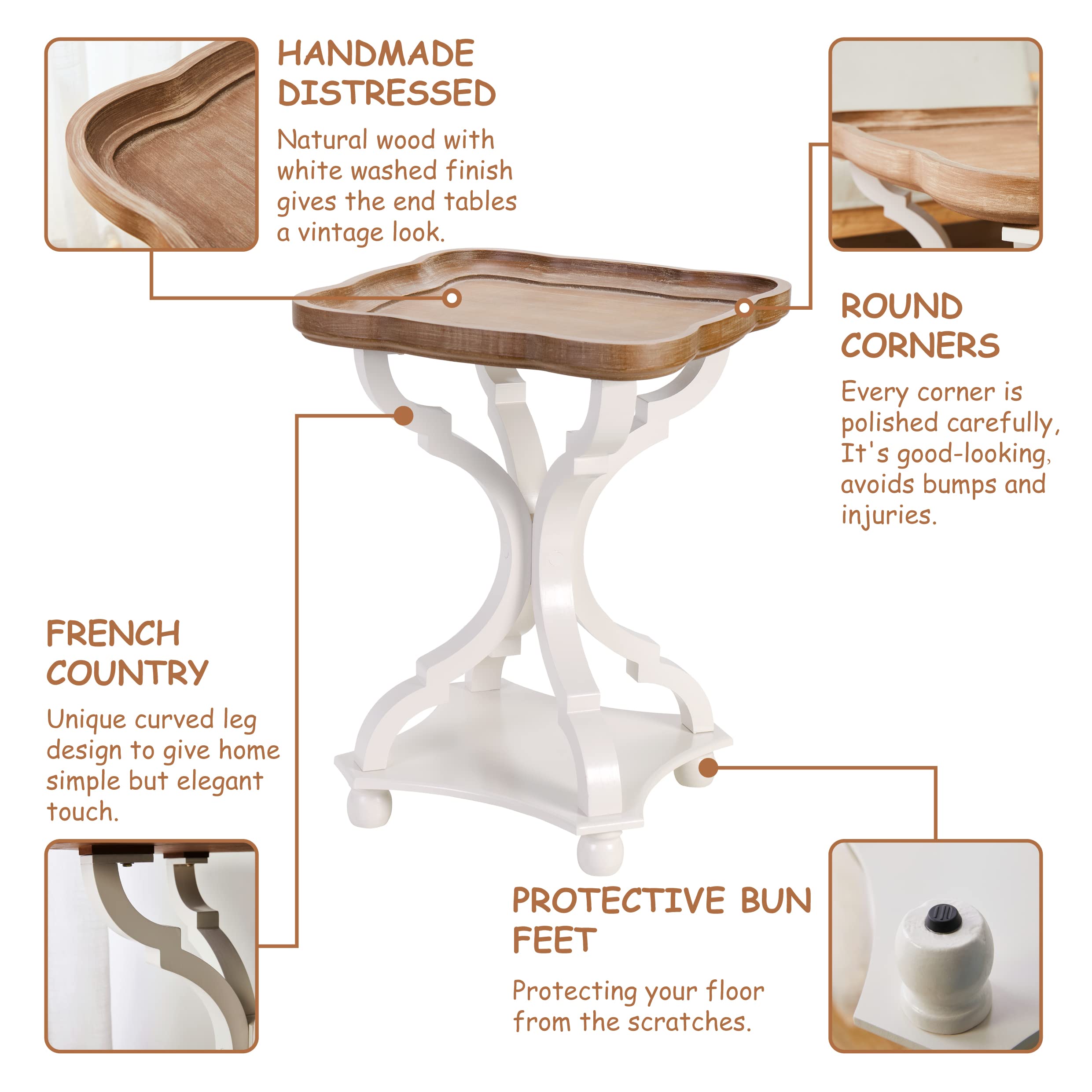 LONYKE Farmhouse End Table - Rustic Accent Side Table with Natural Tray Top, Handcrafted Finish, Modern White Nightstand for Living Room, Bedroom, or Dining Room - Perfect for Cozy Family Spaces