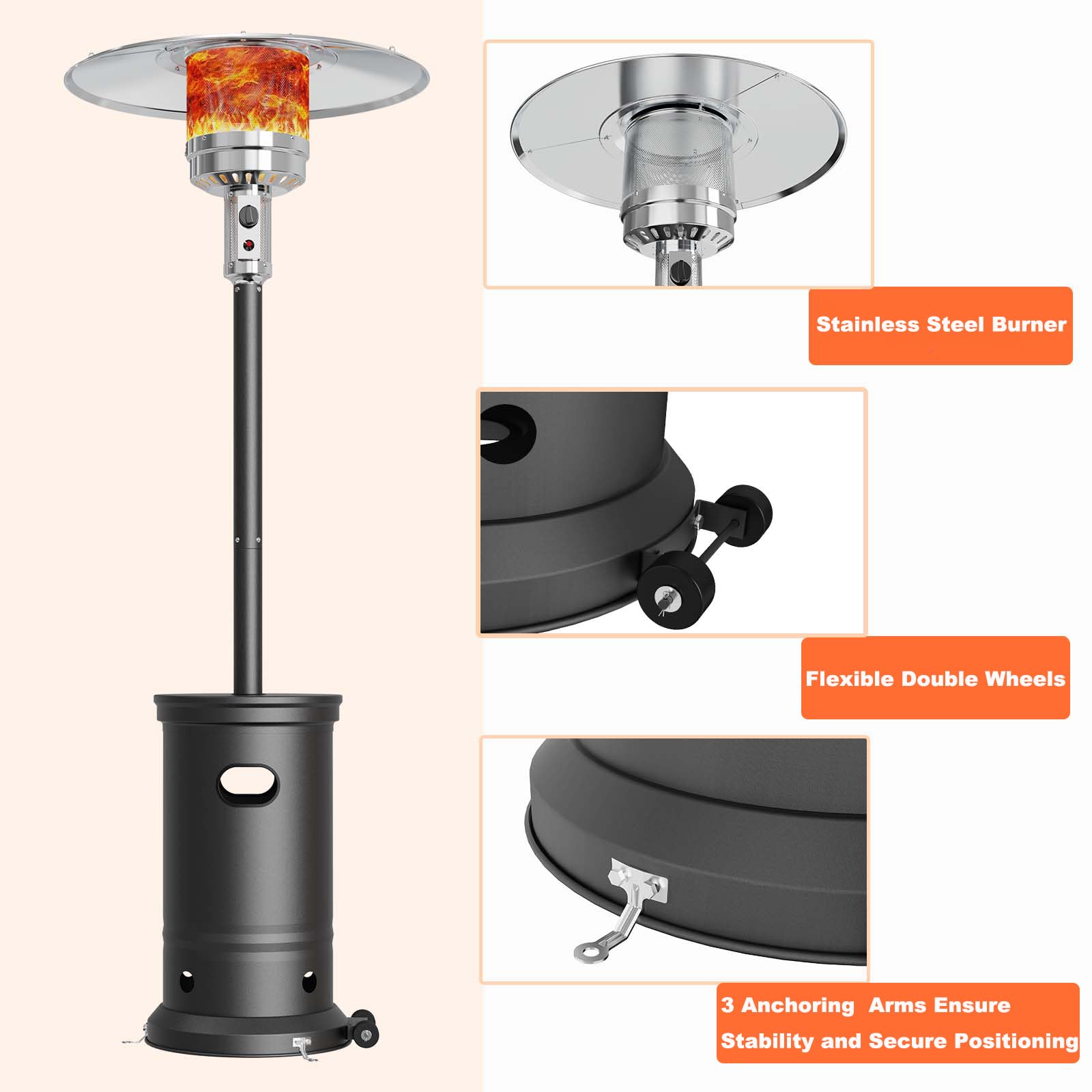 48000 BTU Outdoor Patio Heater with Wheels - 3 Heat Settings, Portable Propane Heater for Backyard, Deck & Garden - Round Table Design for Outdoor Dining & Entertainment
