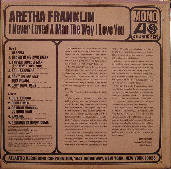 Aretha Franklin - I Never Loved A Man The Way I Love You Vinyl LP Album (Mono, VG Condition) | Classic Soul Music for Collectors & Audiophiles | Perfect for Vintage Record Players & Music Enthusiasts