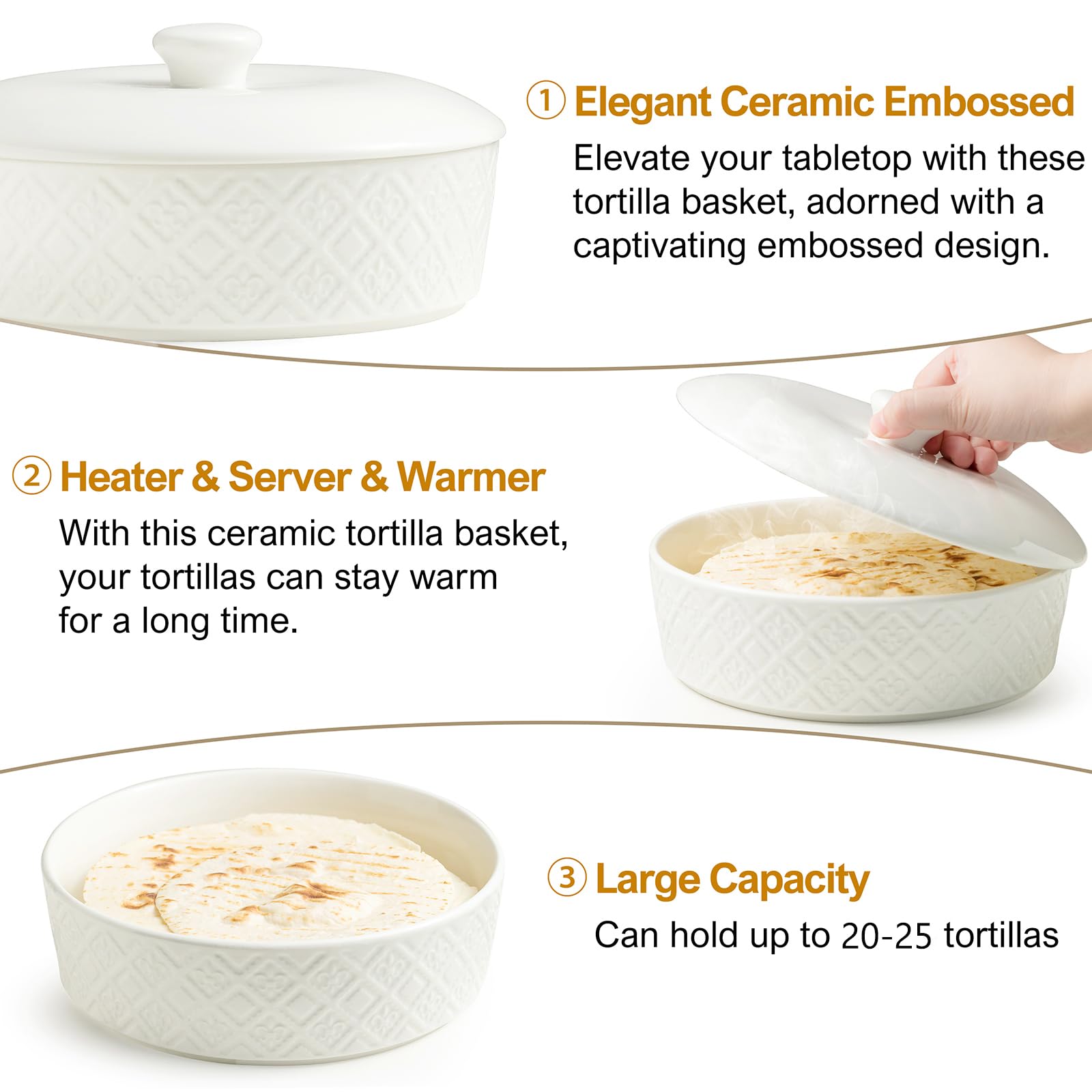 Microwave Safe Tortilla Warmer with Lid - 8.8 Inch Ceramic Taco Holder for Taco Tuesday & Taco Bar - Oven Safe Bread & Pancake Warmer - Perfect for Mexican Food Nights, Breakfast Buffets & Party Serving