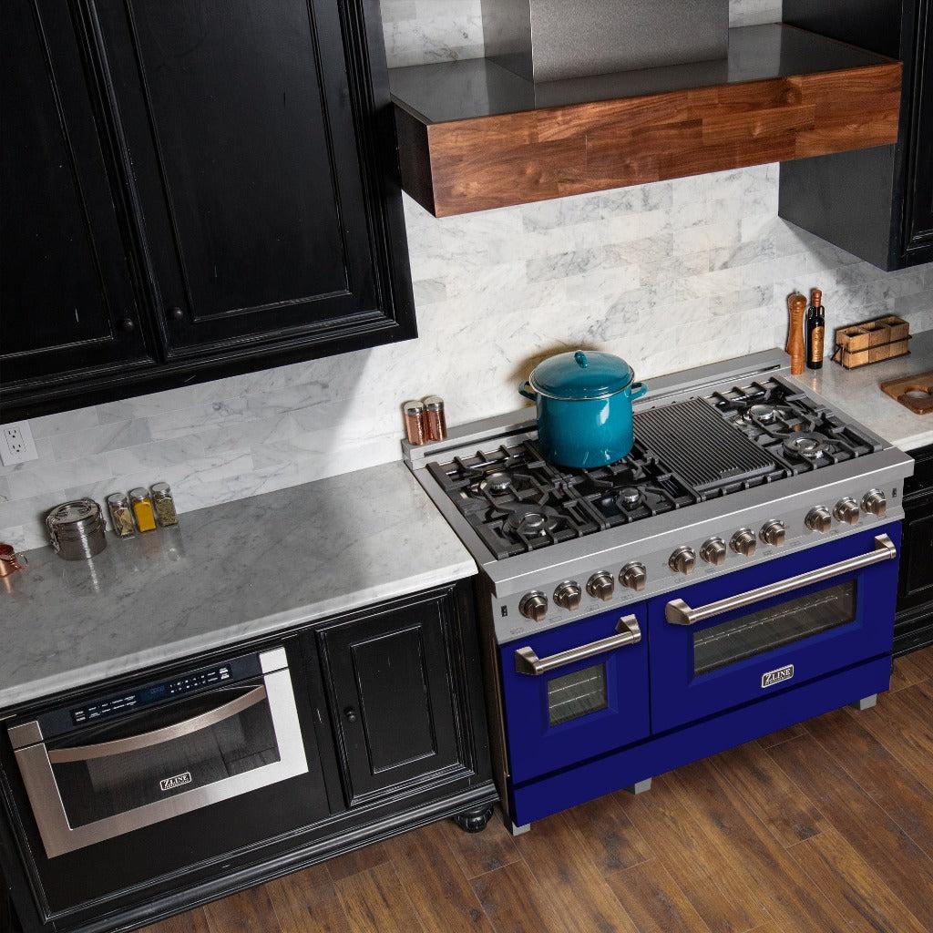 ZLINE 48-Inch 6.0 cu. ft. Dual Fuel Range with 7-Burner Gas Cooktop & 2 Electric Ovens - Satin Stainless Steel with Blue Matte Doors (RAS BM 48) - Perfect for Large Kitchens, Home Chefs & Entertaining