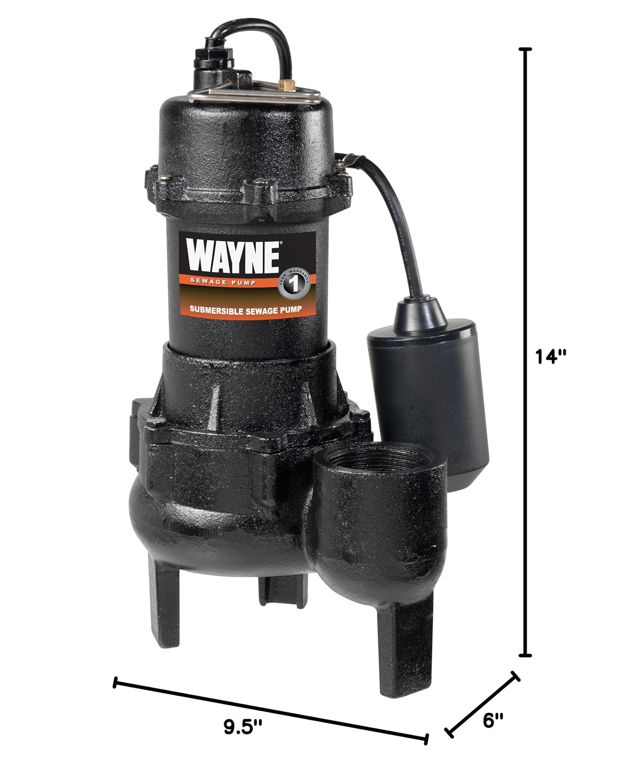Wayne RPP50 Cast Iron Sewage Pump with Piggy Back Tether Float Switch - Heavy Duty Submersible Water Pump for Basement, Sump Pit, and Septic Tank Drainage