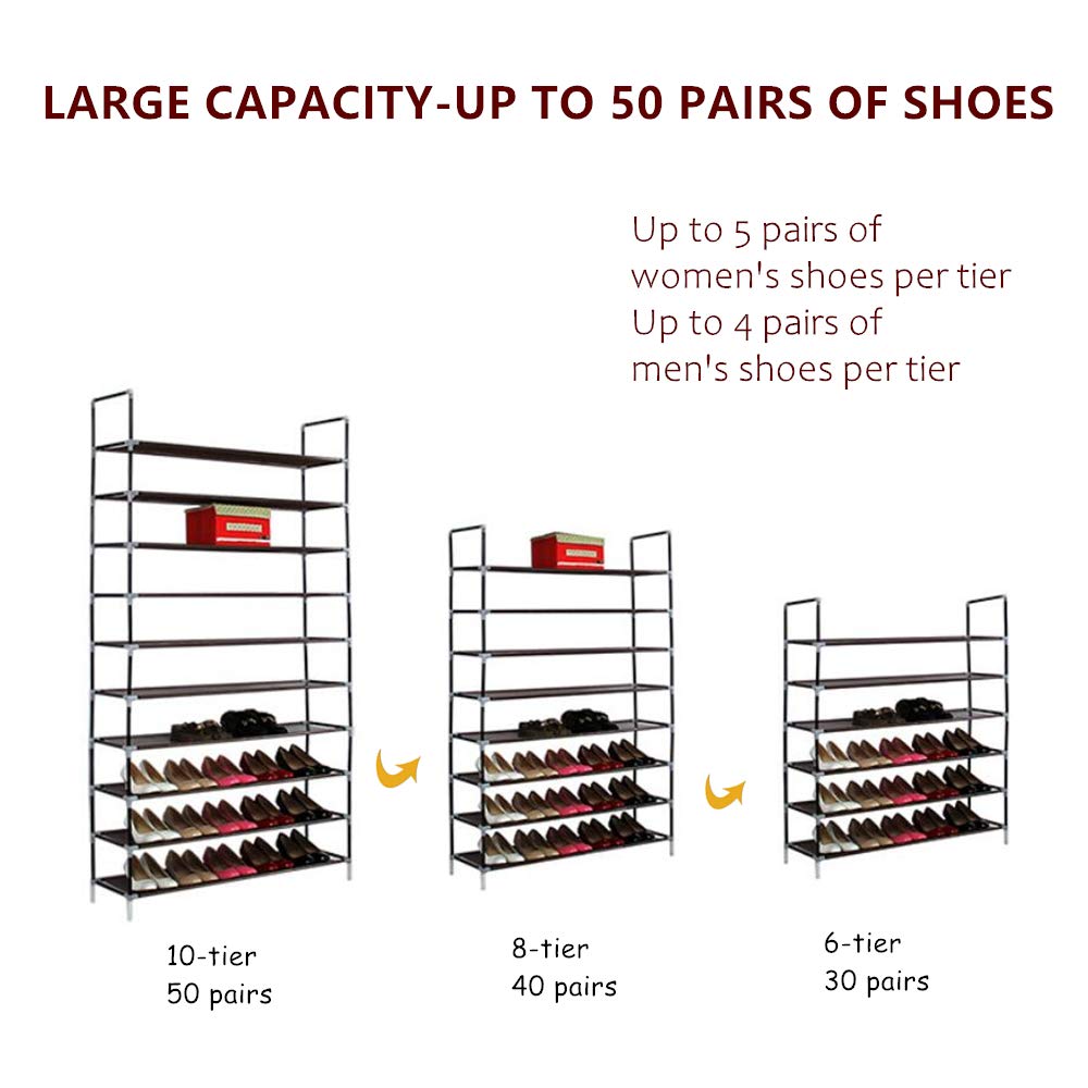 WEI WEI GLOBAL 10-Tier Shoe Rack Organizer - Space Saving Non-Woven Fabric Shoe Storage Cabinet for 50 Pairs - Dark Brown Shoe Tower Shelf for Closet, Bedroom & Entryway Organization