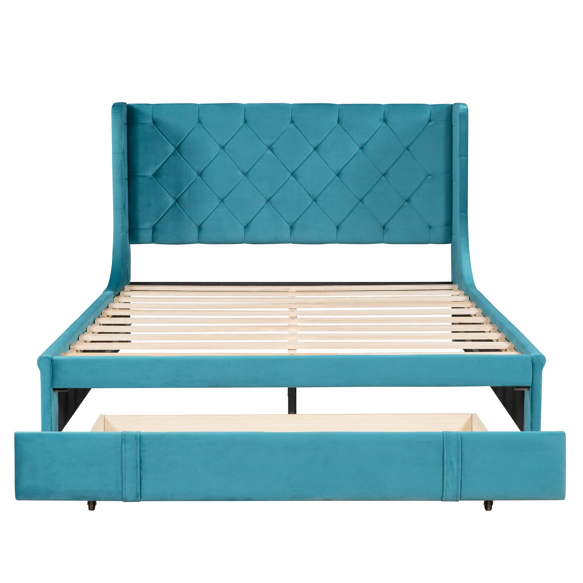 Harper & Bright Designs Queen Size Velvet Upholstered Storage Bed Frame with Wingback Headboard & Large Drawer - Luxurious Blue Velvet Platform Bed for Master Bedroom Decor