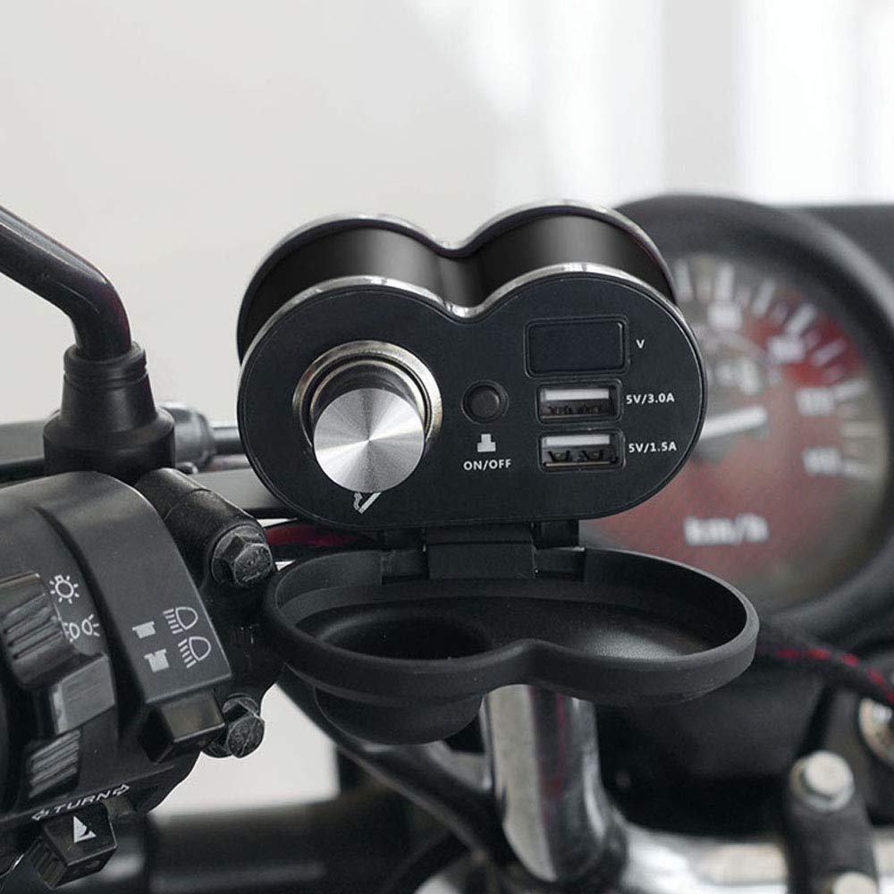 12V/24V Motorcycle USB Charger with QC 3.0 Fast Charging, Dual USB Ports & LED Voltmeter - Waterproof Black Cigarette Lighter Socket for Phone & Devices - Perfect for Long Rides, Road Trips & Outdoor Adventures