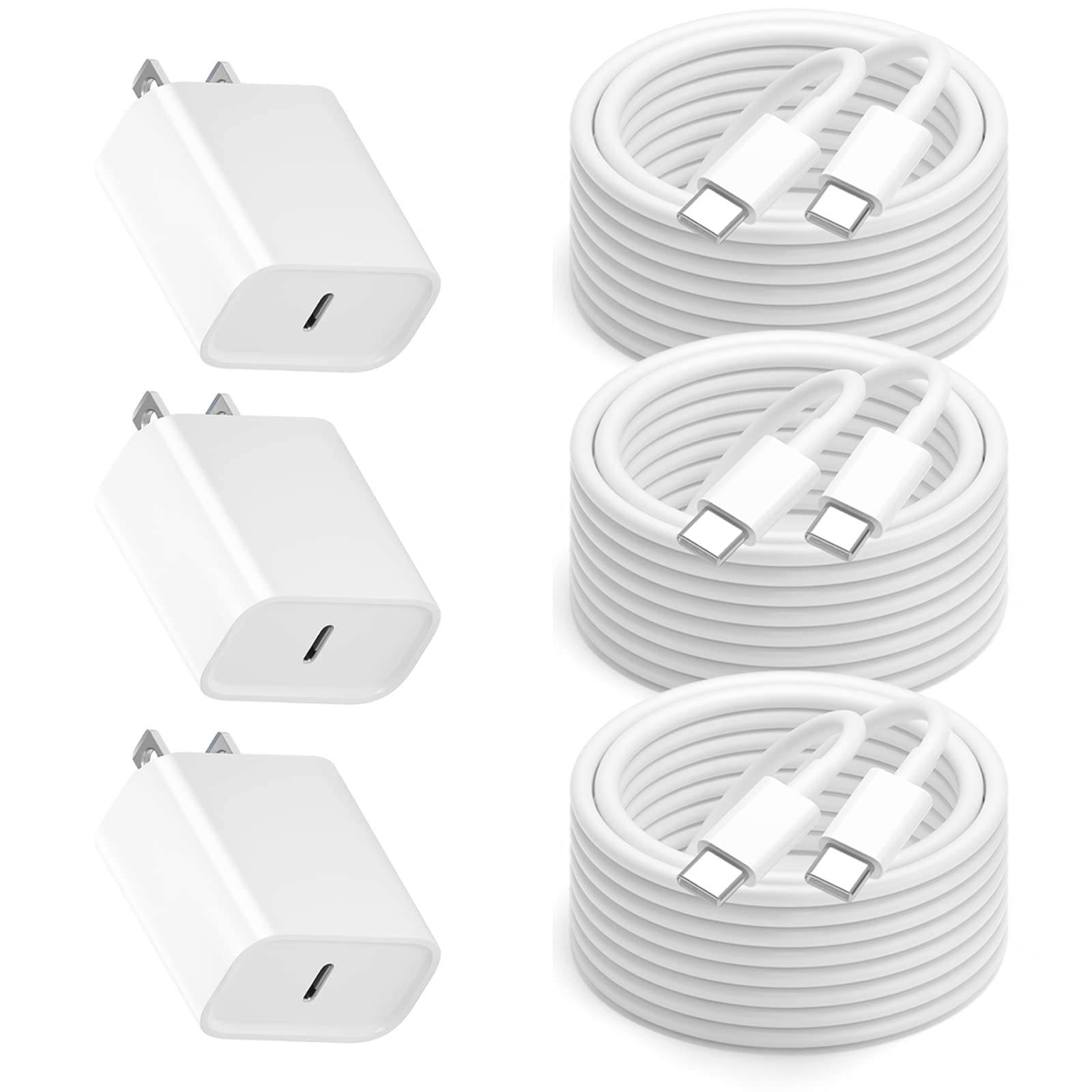 Apple Certified 20W USB C Fast Charger 3-Pack with 6FT USB C to C Cable - Compatible with iPad Pro 12.9/11 inch (2022-2018), iPad Air 5th/4th Gen, iPad Mini 6th Gen, iPad 10th Gen - Fast Charging for Home, Office & Travel