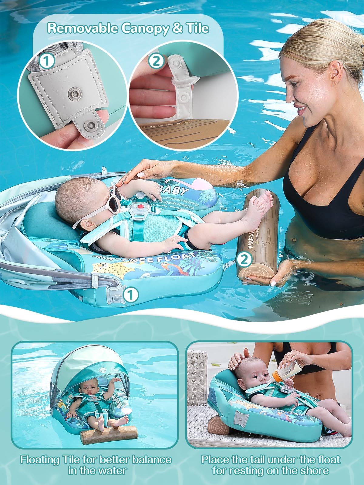 **Mambobaby Baby Pool Float with Canopy & Tile – Non-Inflatable Infant Swim Trainer Ring for Toddlers 3-24 Months – Adjustable Strap for Boys & Girls – Perfect for Beach, Pool & Water Play**
