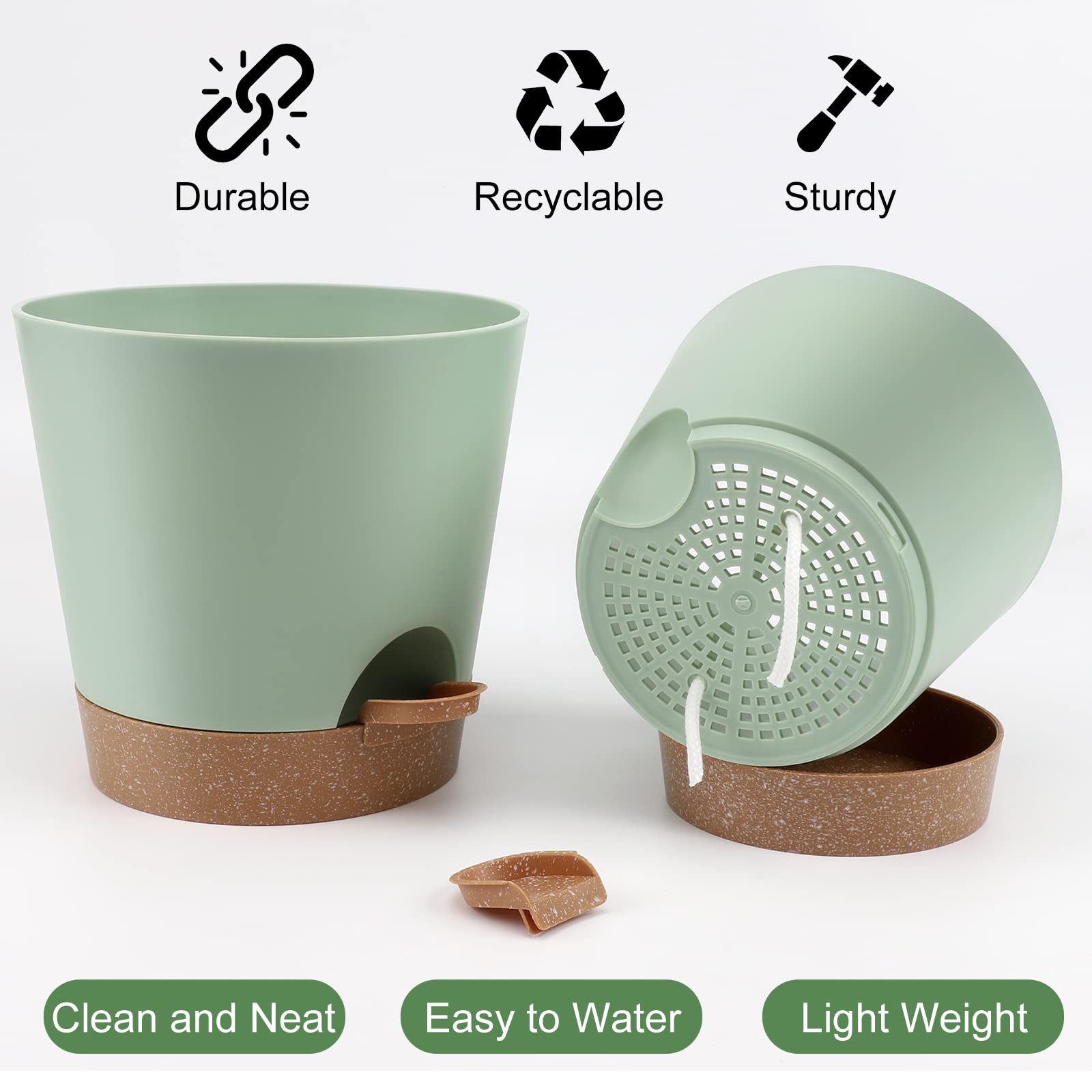 Self Watering Plant Pots with Drainage Holes & Saucers - 5 to 8 Inch Indoor Flower Planters (Set of 6, Green) - Perfect for Home Decor, Office Plants, Herb Gardens & Succulent Arrangements