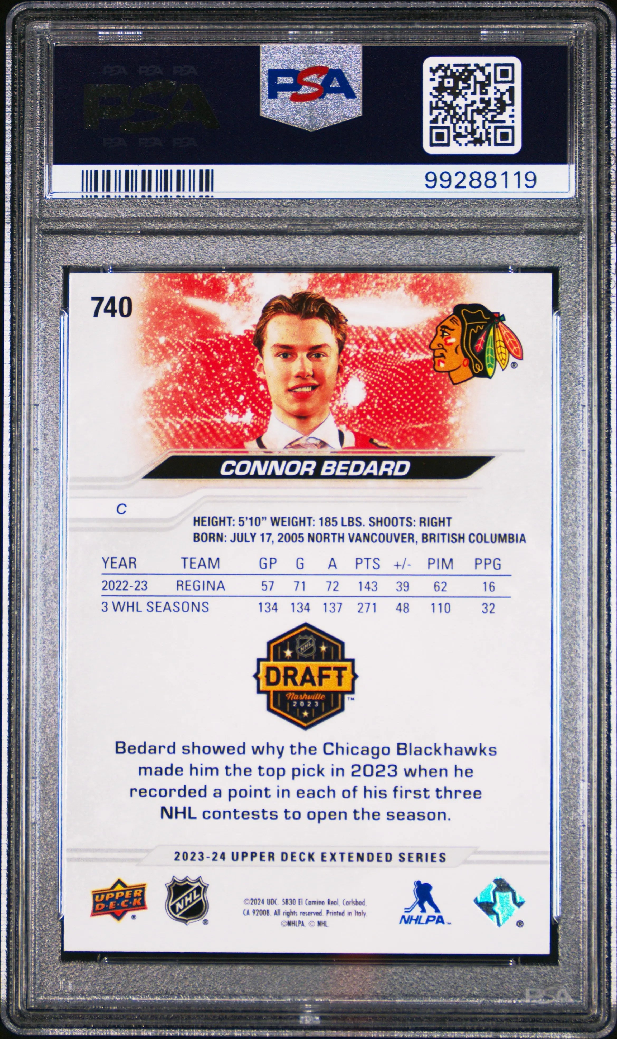 2023-24 Upper Deck Extended Series Connor Bedard Draft Outburst PSA 10 Graded Hockey Card - Perfect for Collectors, Investors & Sports Memorabilia Enthusiasts