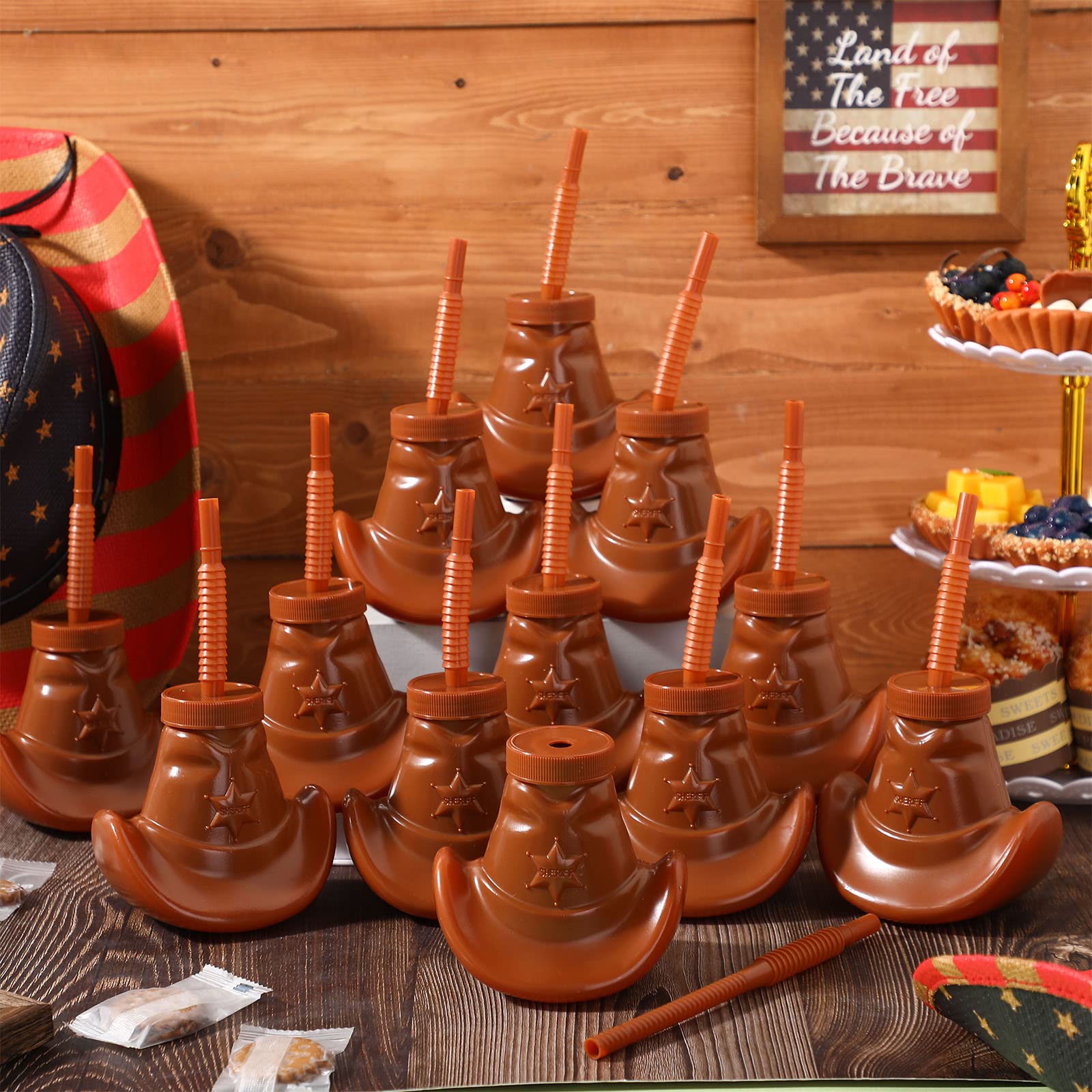 12 Pack Cowboy Hat Party Cups with Straws & Lids - 10oz Western Themed Plastic Cups for Rodeo, Cowgirl Birthday, Wild West Decorations & Party Supplies (Brown) - Perfect for BBQ, Country Weddings & Themed Events