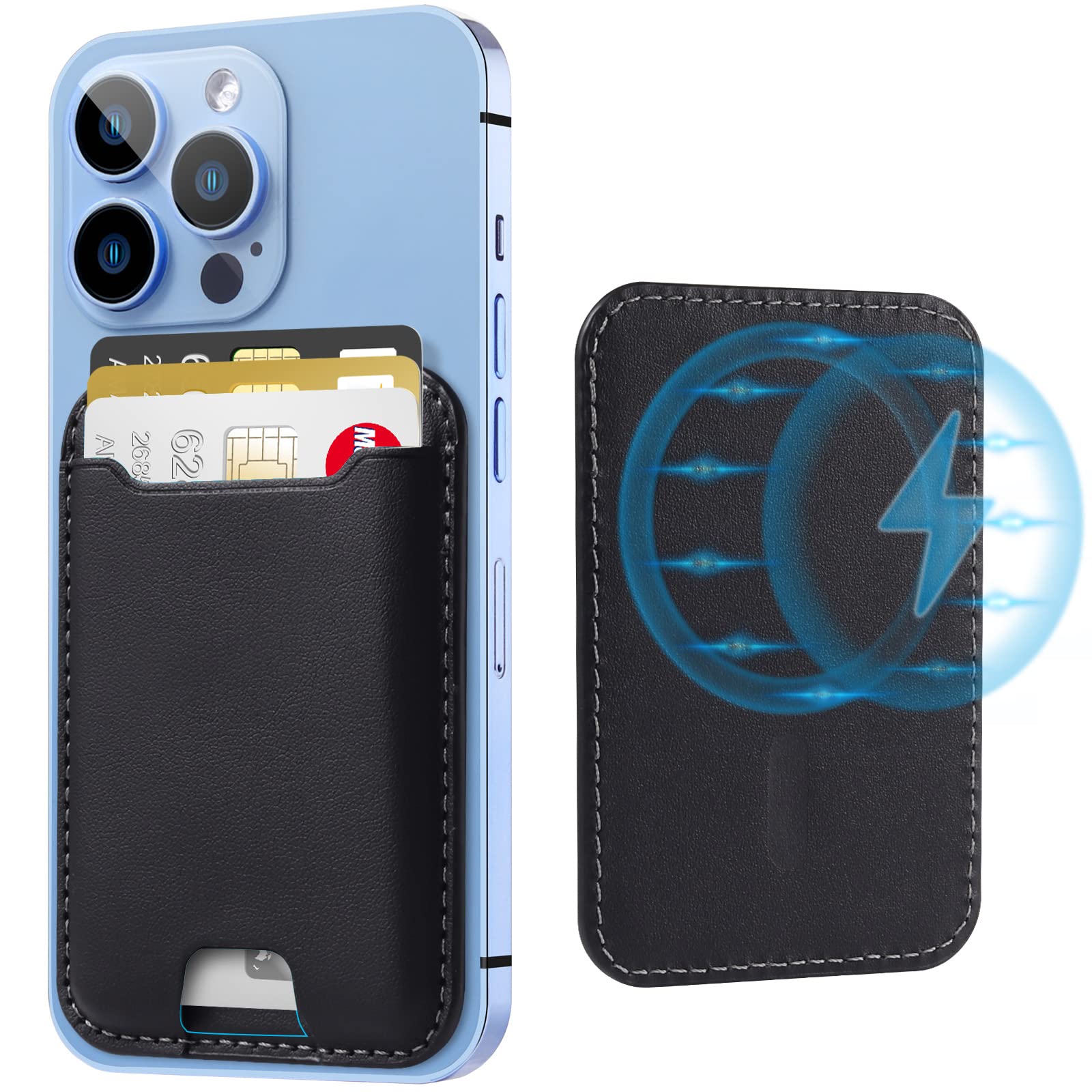 Premium Leather Magsafe Wallet for iPhone 16/16 Pro/15/14/13/12 - Slim Magnetic Card Holder with Strong Magnet & RFID Blocking (Holds 4 Cards, Black) - Perfect for Daily Commute, Travel & Contactless Payments