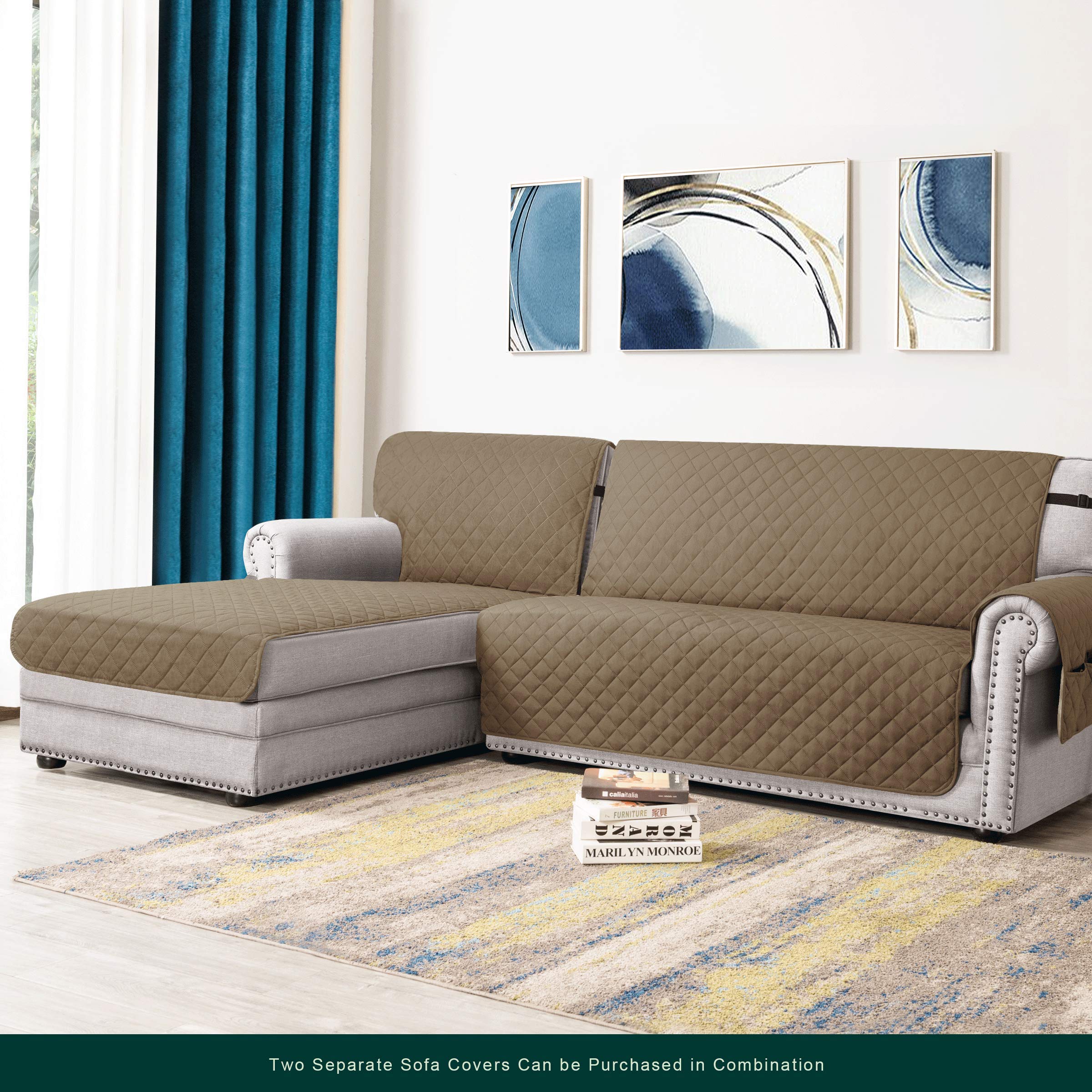 CHUN YI Reversible L-Shaped Chaise Sofa Slipcover with Elastic Straps - Dog & Pet Friendly Sectional Couch Cover, Furniture Protector for Living Room (Khaki) | Perfect for Pet Owners, Family Gatherings & Home Decor
