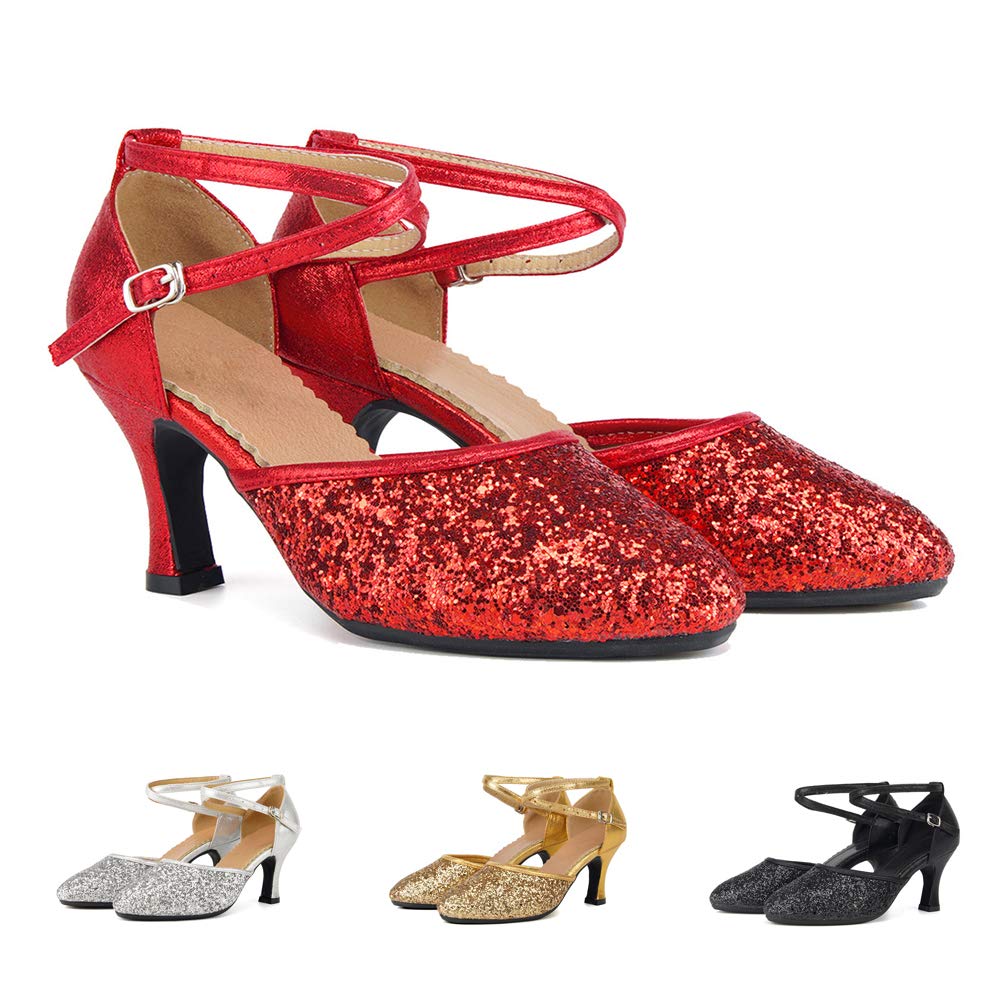 SWDZM Women's Glitter Latin Dance Shoes - Closed Toe Ballroom Salsa Heels for Professional Dance, Party & Wedding (Ideal for Salsa, Tango, Bachata & Evening Events)