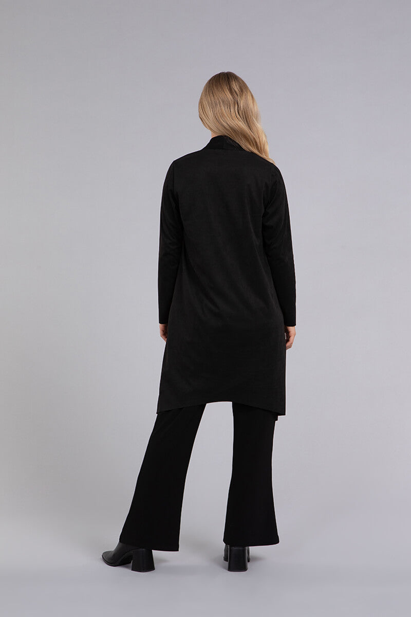 Faux Suede Key Cardigan Long - Women's Black Open Front Duster Sweater for Fall & Winter | Office Wear, Casual Outfits, Layering Staple
