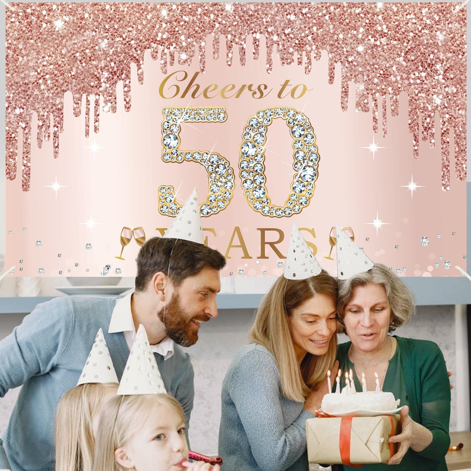 Pink Rose Gold Happy 50th Birthday Banner - Large Cheers to 50 Years Party Decorations for Women, Fifty Birthday Backdrop Poster Sign - Perfect for Birthday Parties, Milestone Celebrations & Photo Booth Backgrounds