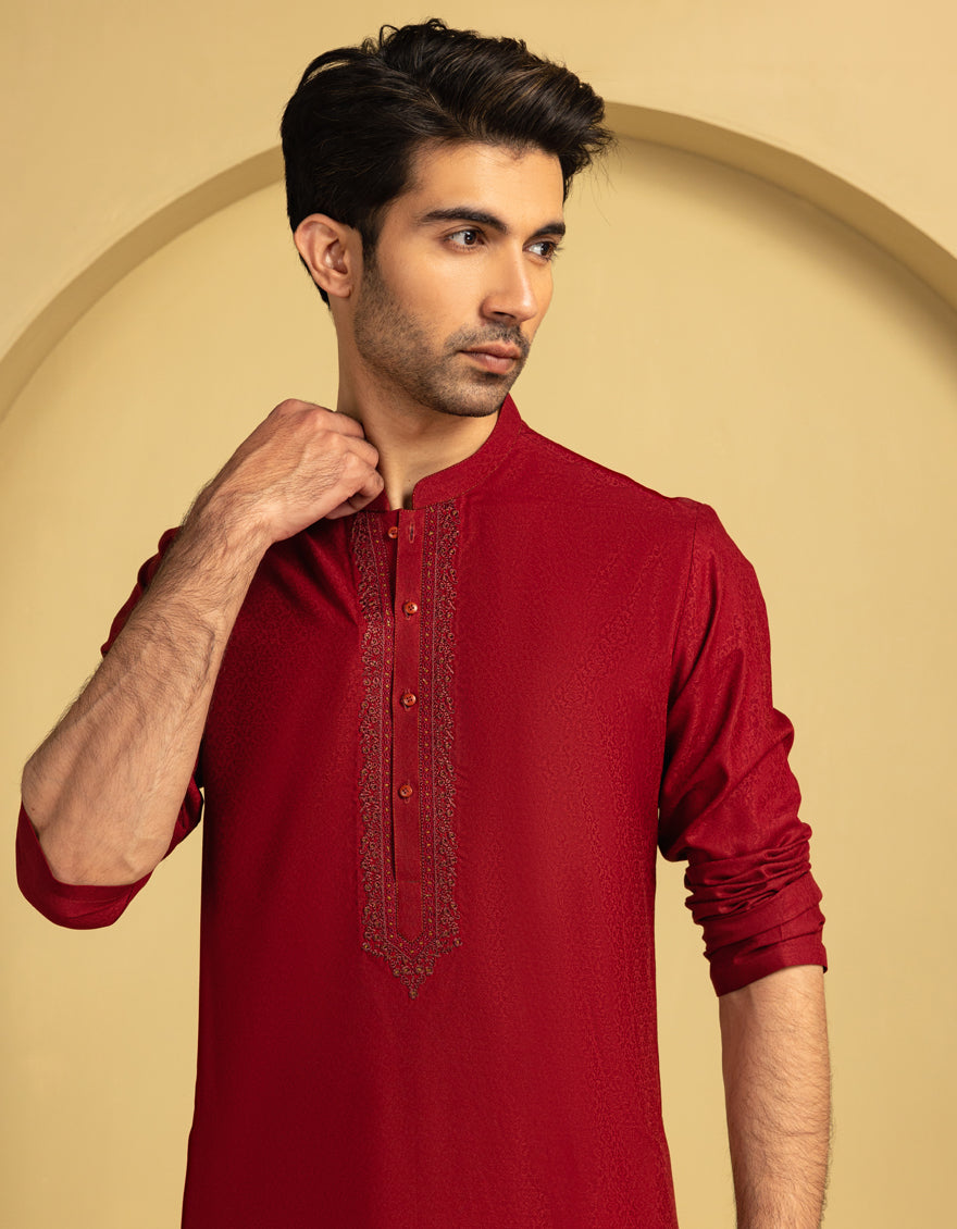 Stylish Blended Red Kurta by J. Junaid Jamshed - Perfect for Festivals, Weddings & Casual Wear